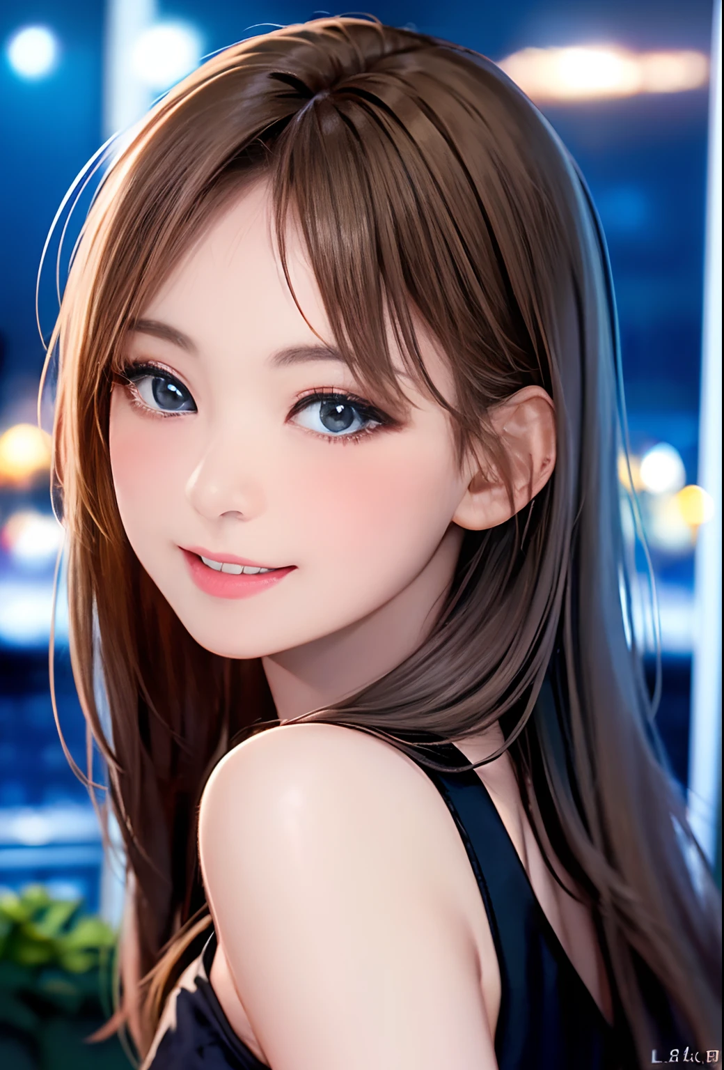 (8k, top quality, masterpiece: 1.2), (realistic, photorealistic: 1.37), super detailed, girl single, cute, solo, midnight, beautiful detailed sky, detailed café, sitting, date, (blush), (smile: 1.15), small breasts (mouth closed), beautiful fine eyes, floating hair NovaFrogStyle, back open dress