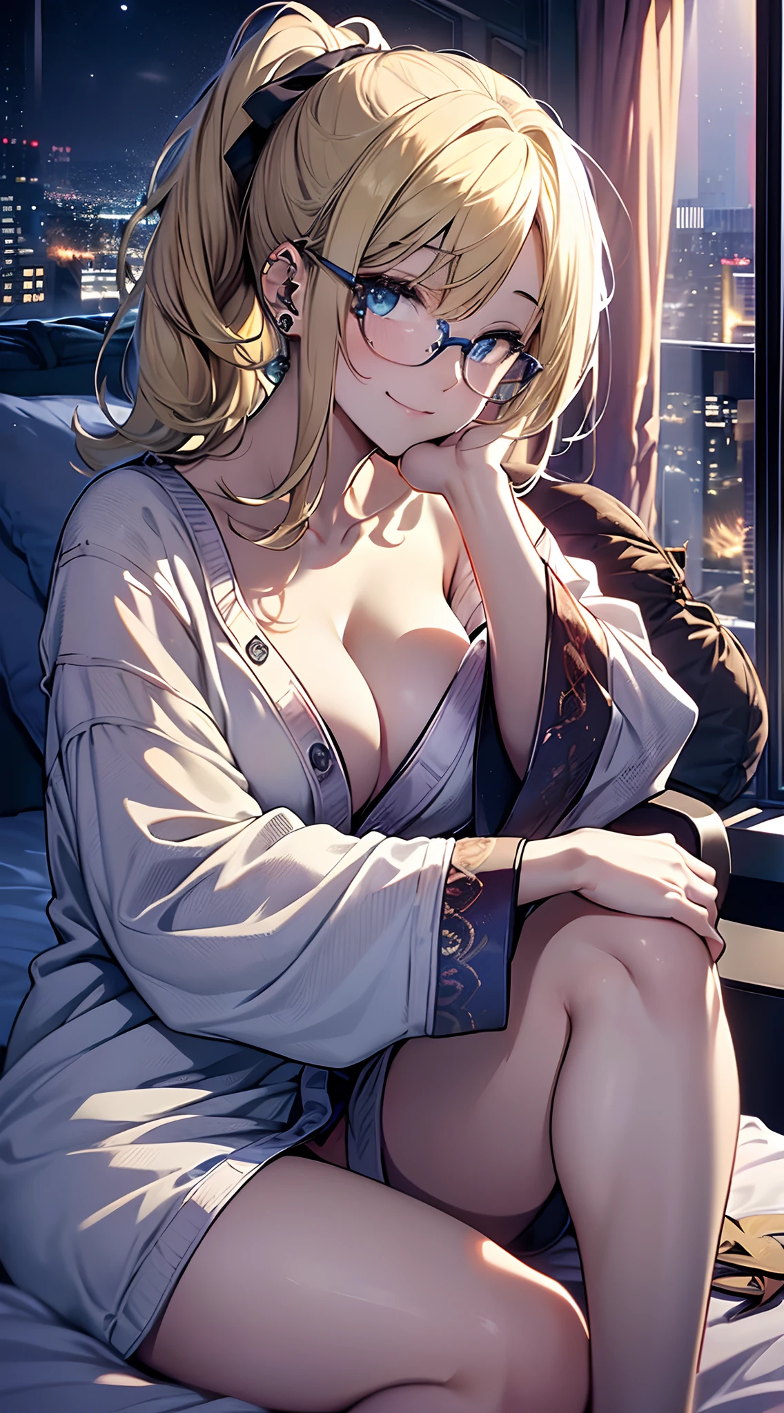top-quality、Top image quality、8K,masterpiece、ultra-detailliert、Beautiful、Beautiful fece、girl with((18year old、bath robe:1.7、Bust 92、a blond、disheveled ponytail、Blue eyes、eye glass、cleavage of the breast、Happiness、Sit on a chair:1.2、cross one's legs:1.2、Ear-piercing))、hiquality、visualart、Background with((Bedroom at night:1.6))、masutepiece