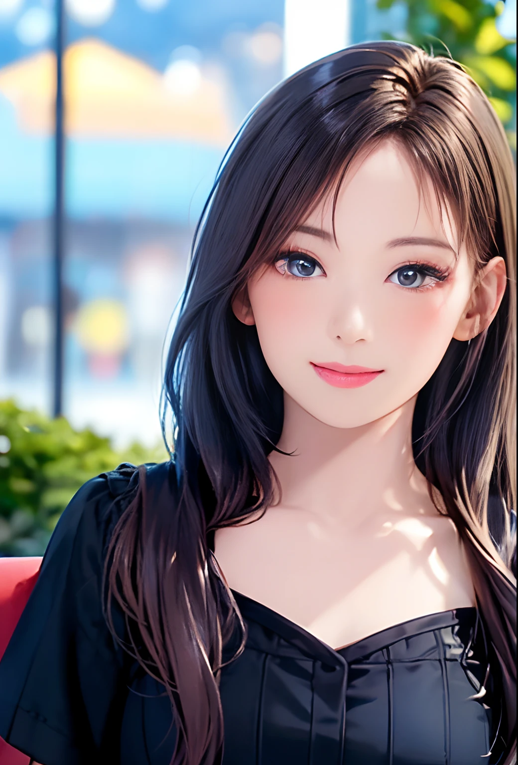 (8k, top quality, masterpiece: 1.2), (realistic, photorealistic: 1.37), super detailed, girl single, cute, solo, midnight, beautiful detailed sky, detailed café, sitting, date, (blush), (smile: 1.15), small breasts (mouth closed), beautiful fine eyes, floating hair NovaFrogStyle, back open dress