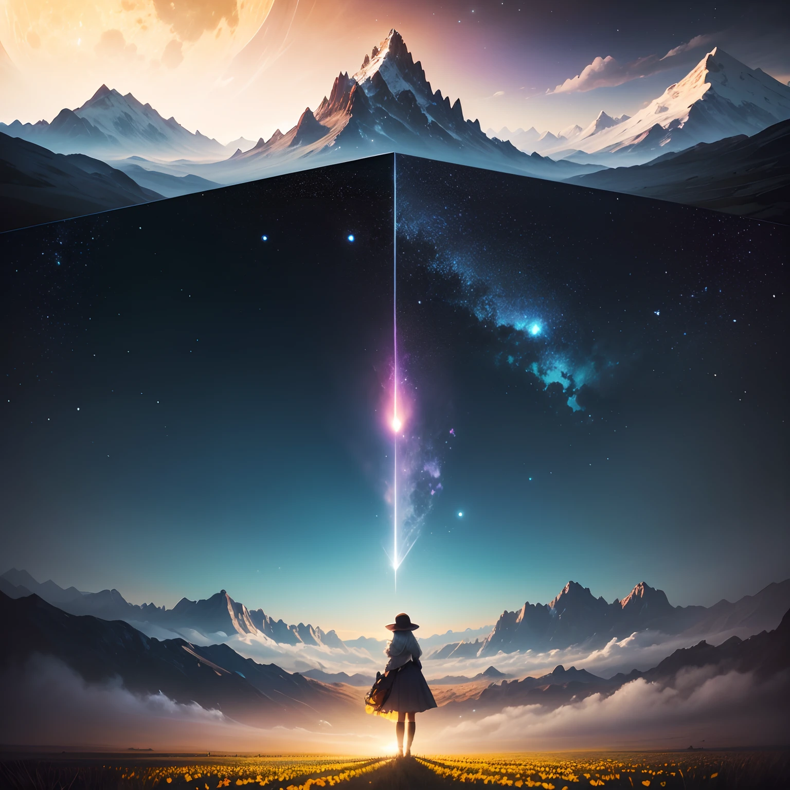 Expansive landscape photograph,(look from down,Above is the sky,Below are open fields),A girl standing on a flower field looking up,(moon full:1.2),(meteors:0.9),(Starcloud:1.3),Far Mountain, Tree BREAK making art,(Warm light source:1.2),(glowworm:1.2),lamp lights,,Complicated details,Volumetric lighting BREAK(tmasterpiece:1.2),(best qualtiy),4k,ultra - detailed,(dynamic compositions:1.4),detail-rich,plethora of colors,(Irridescent color:1.2),(with light glowing,Atmospheric lighting),(独奏:1.2