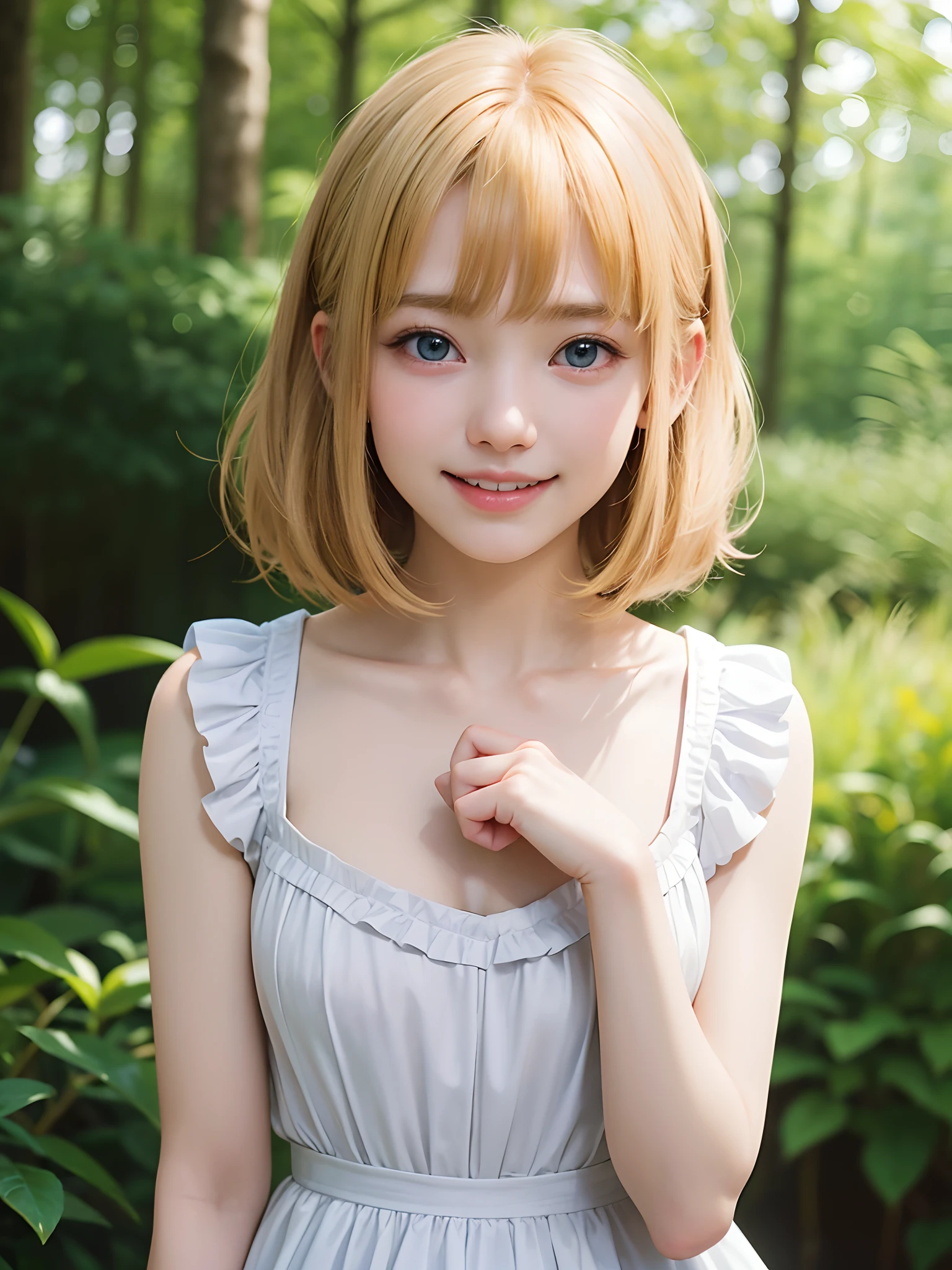 (masuter piece、Best Quality、masutepiece、Cute symmetrical face、Norse man、Beautiful blonde hair with bangs、Very small cute girl:1.6、One Very Young Girl、Very young pretty girl、Very young pretty girl、Very small cute girl、Deities々Shii Girl、Very young face、Symmetrical and very cute face、Show off your décolleté)、Beautiful shiny beautiful blonde hair with bangs、Very Shorthair:1.2、Intense crystal light blue eyes、no earrings:1.5、Beautiful white skin、a five girl:1.4、Very young pretty girl:1.5、Deities々Little pretty girl、Cute white outfit、Very cute girl、happily laughing、Smile happily、The best smile、Beautiful teeth、Beautiful teeth alignment、Beautiful skins、Staring into the distance on the left、Forest with light on beautiful nature background、Deities々Deep forest background、cowboy shot