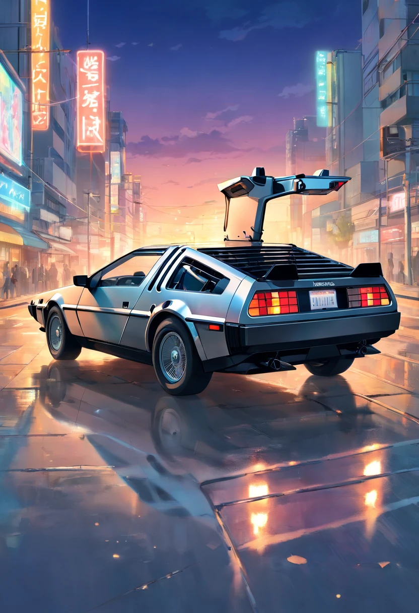 Carro DeLorean do de volta para o futuro totalmente customizado com para-choques e spoilers, pintura esportiva de fogo, background neutro