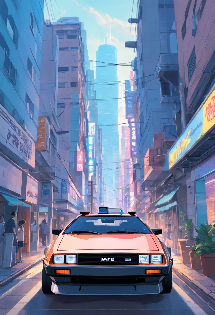 Carro DeLorean do de volta para o futuro totalmente customizado com para-choques e spoilers, pintura esportiva de fogo, background neutro