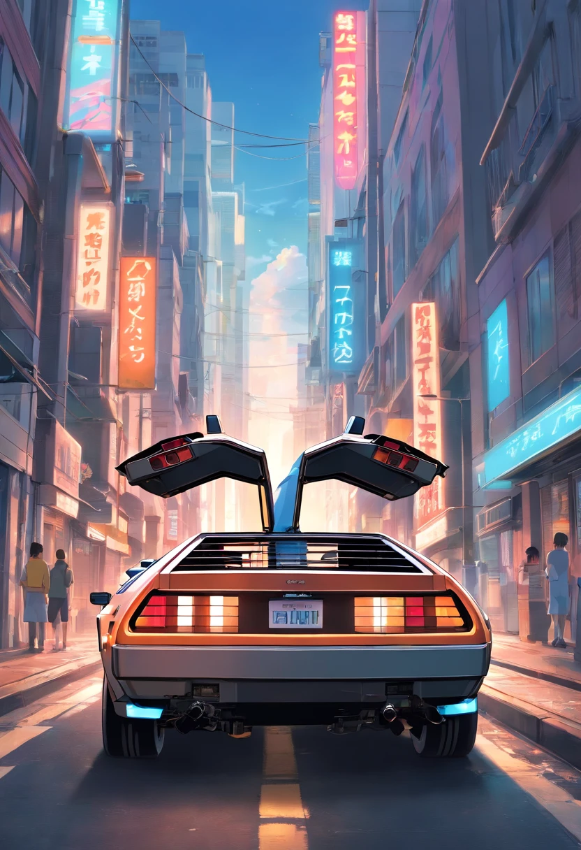 Carro DeLorean do de volta para o futuro totalmente customizado com para-choques e spoilers, pintura esportiva de fogo, background neutro
