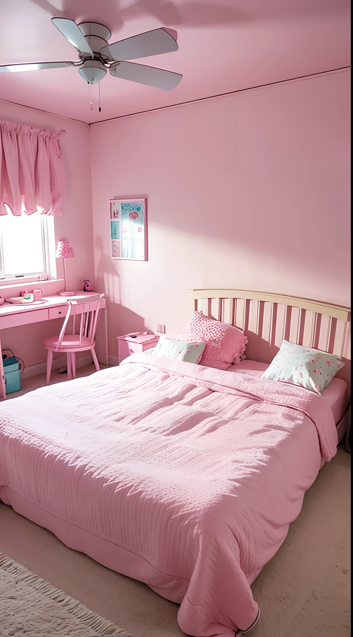 A modern apartment. Daughter bedroom design. Wide room. There is a twin size bed with some teddy bears. There is a small cupboard. There is a children's bookshelf. There is a desk. There is an air conditioner. Interior design. Modern cute pastel interior. Ballet themed room. Great lighting.