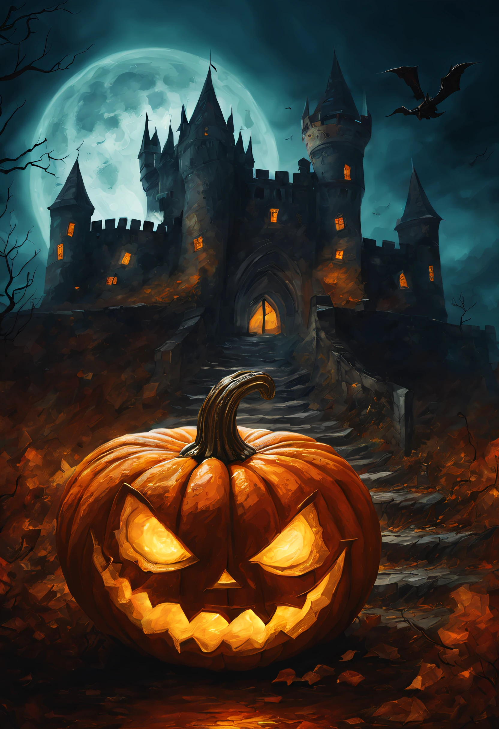 a pumkin which have eyes and mouth, halloween theme, dynamic atmosphere , dramatic scene, halloween photo, illustration style, oil paint style, daviant art, bigh glowing old castle in far background,