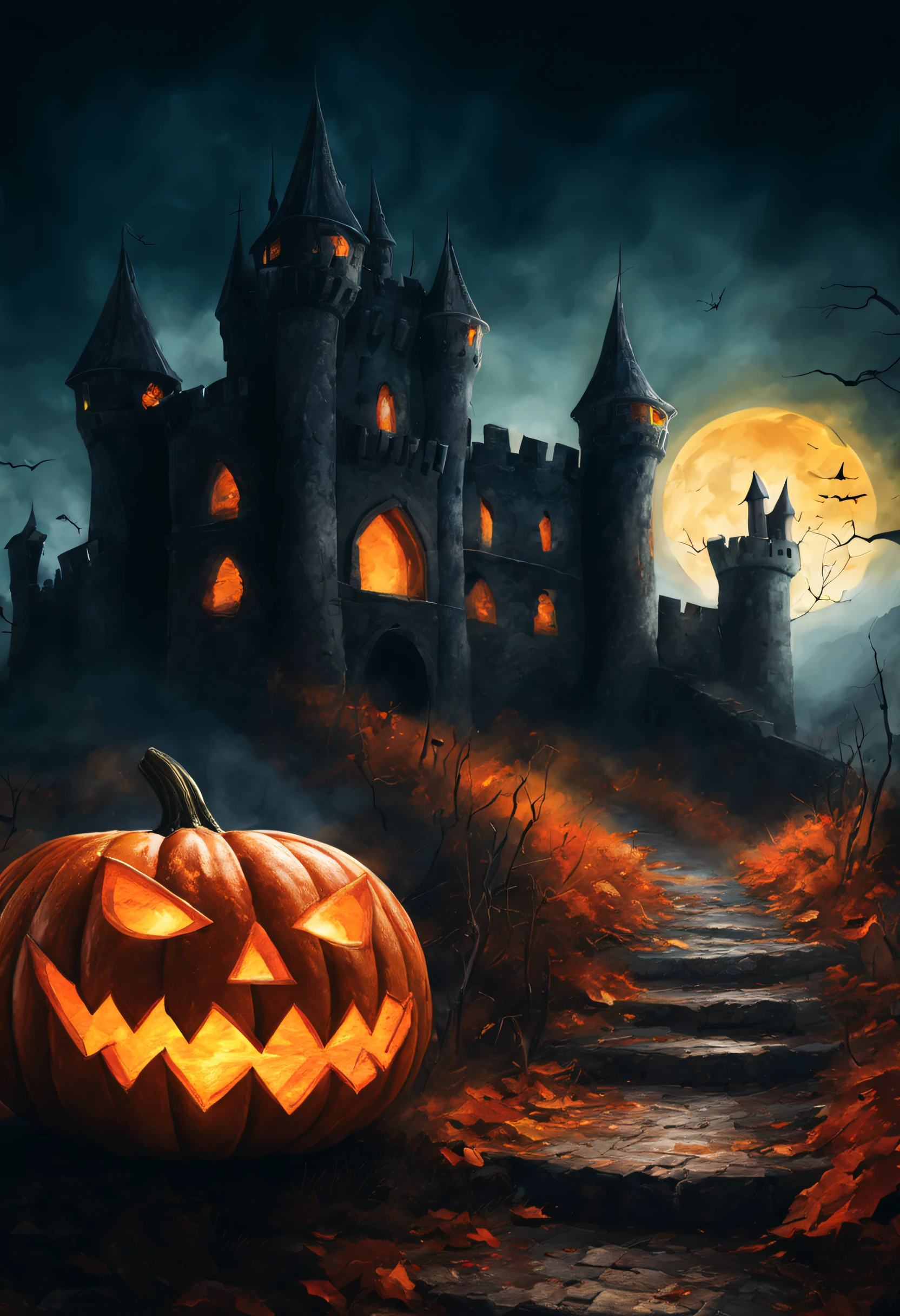 a pumkin which have eyes and mouth, halloween theme, dynamic atmosphere , dramatic scene, halloween photo, illustration style, oil paint style, daviant art, bigh glowing old castle in far background,