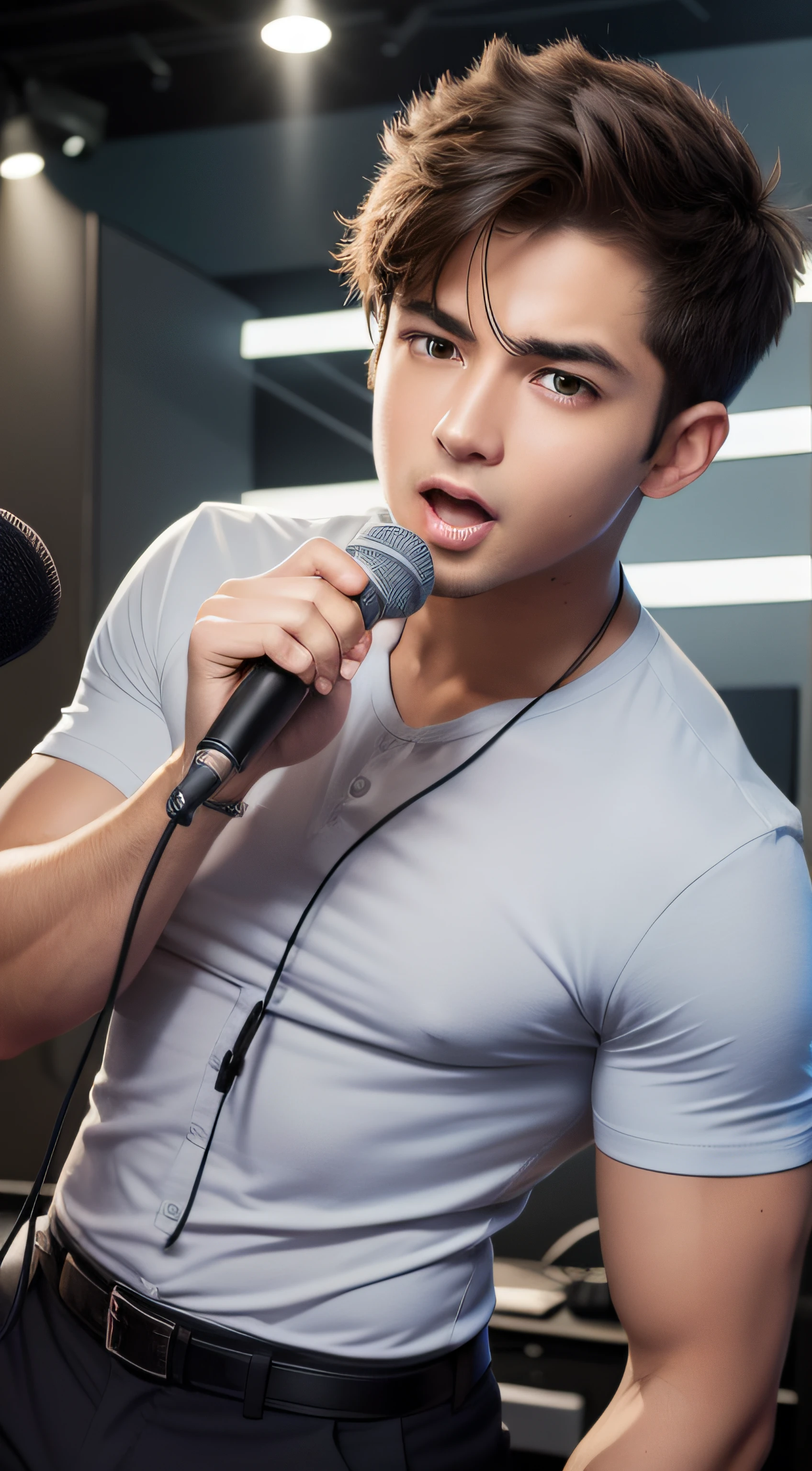 Journalist Male, Casual clothing, With a microphone, Upper body image, Journalist style, Wear professional clothes, Photogenic upper body shot, Male teenager, with microphone,Sing with your mouth open