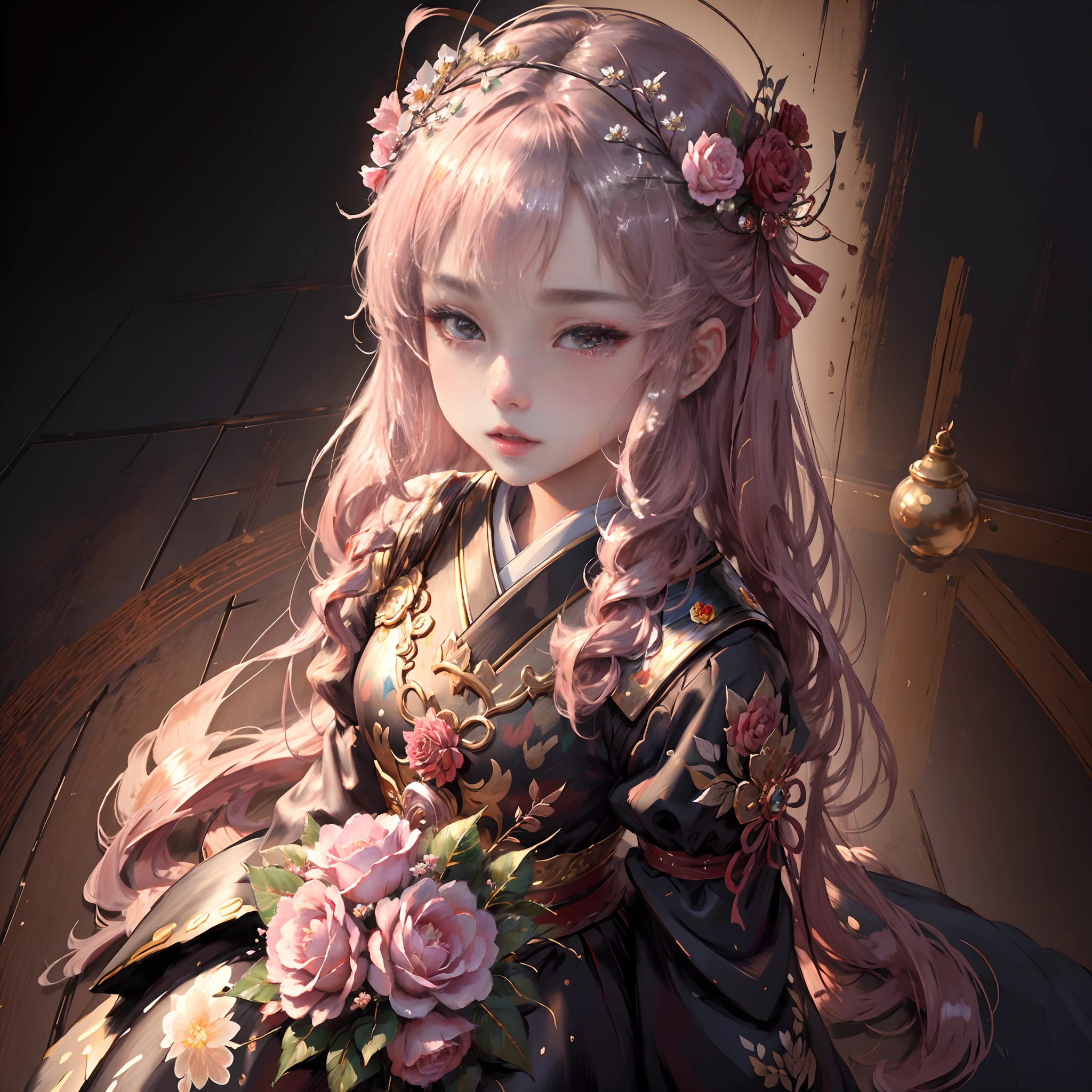 wonderful girl, japanes face, japanes girl,sharp nose, rose crown,caucasian, 20 years old,beautiful look, detailed dress, detailed hair, ultra focus, face ilumined, face detailed, 8k resolution, painted, , oil painting, heavy strokes, paint dripping