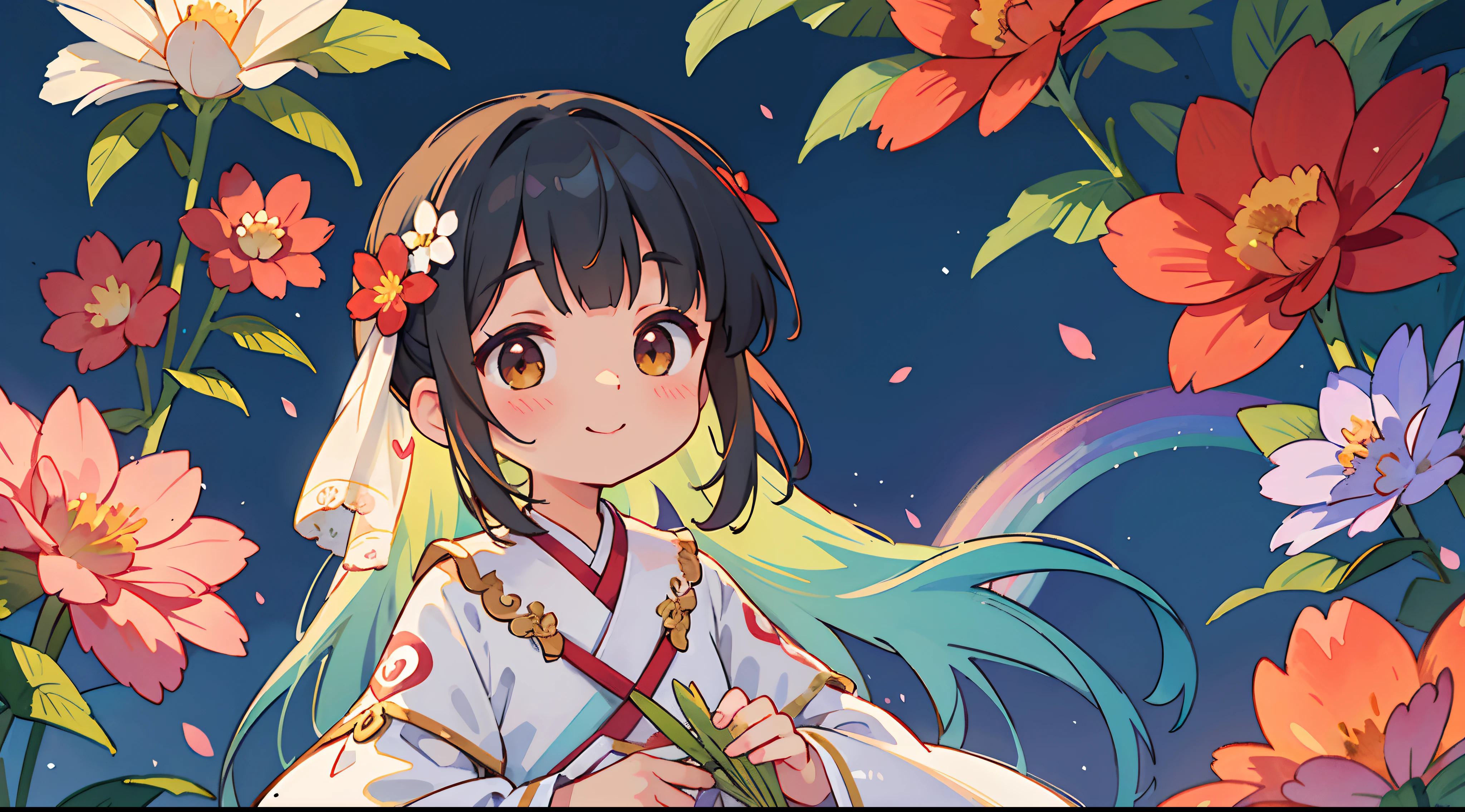 photoRealstic、Nedloyd in a wedding dress stands in front of the painting、A smile、Watercolor Nidoro likes、(HD graphics)、Flowing rainbow silk、Upper face、head looking up、Colorcon with heart motif、Floral dress、Viburnum also has flowers in front、Flower petals、season!!: 夏天☀ 🍂