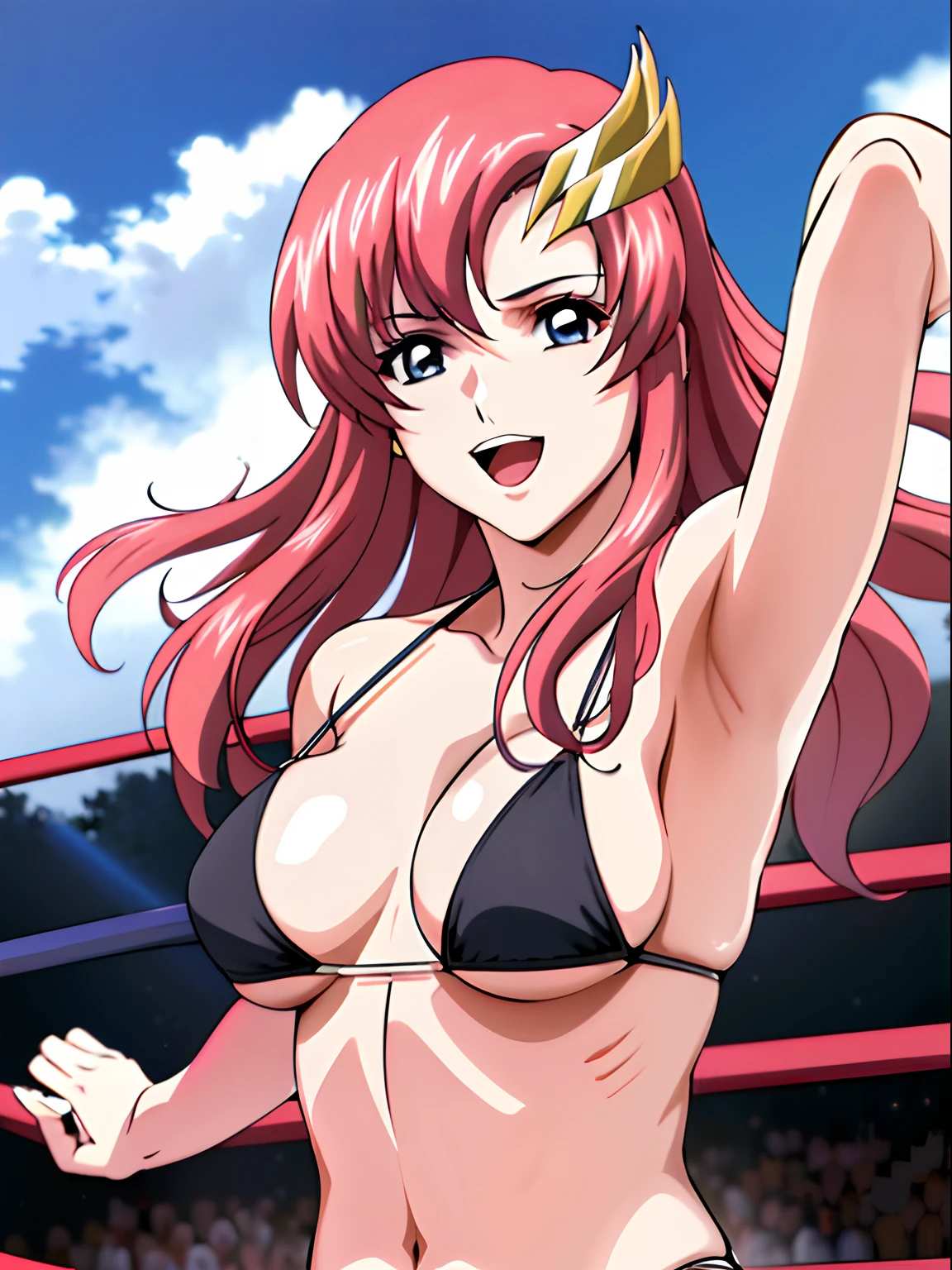 (masterpiece, upper body view, 4K, Best Quality, Anime style: 1.9,, Adult Woman, ultra detailed face, (cloud background, wrestling), Drawing lines, high resolution, Anime, lacus4), 1girl, Solo, curvy figure, Long hair, 鎖骨, scapular, (Detailed wide hair bangs, Hair Ornament, Detailed reddish-pink hair, golden crest), cleavage, large hands, (female wrestler). (Big blue eyes, shiny eyes), ((female wrestler, little biceps, slender body, broad shoulders, closed fists)), ((perfect proportions, medium breasts, long belly)), (((micro bikini, pink wrestling gear, champion))), happy, smile, open mouth, (belly dancing, looking at the viewer), , showing off underarm, (elegant lady), random pose, leaning backward