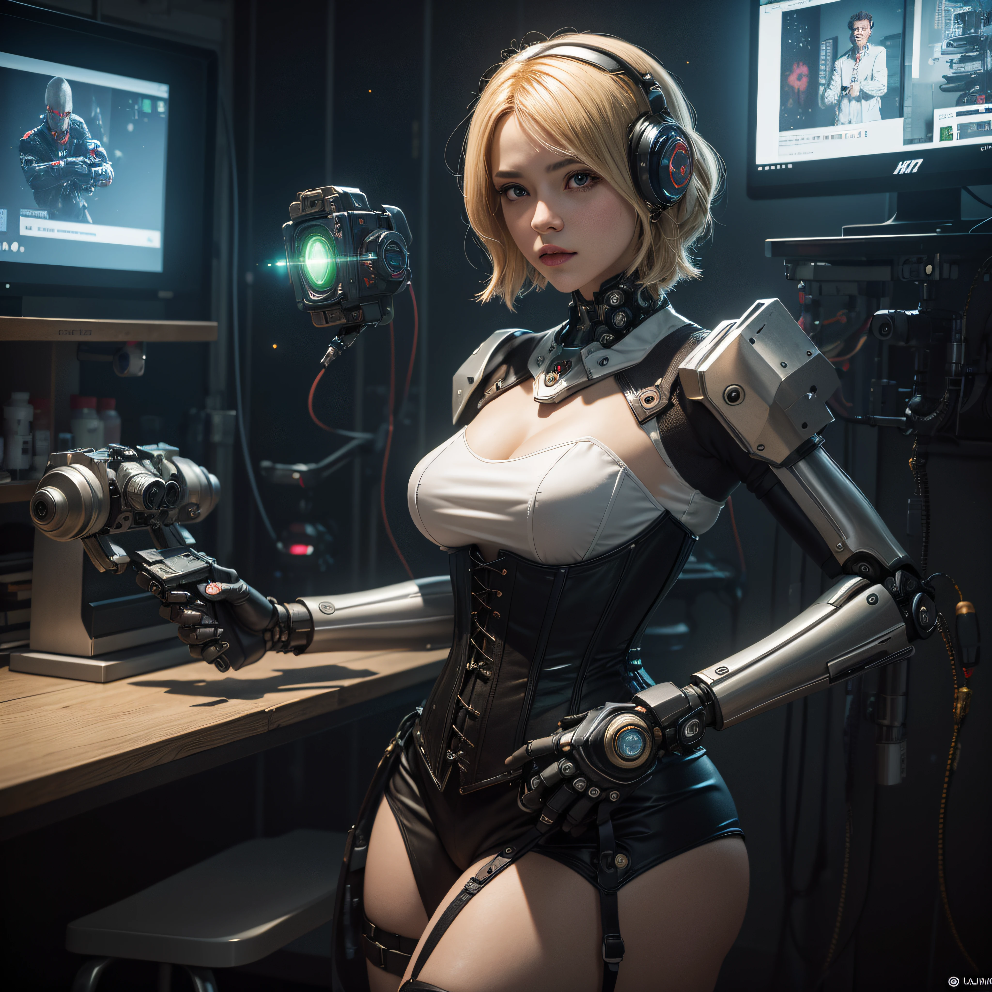 ((calidad superior)), ((obra maestra)), ((realista)), (Los detalles), (fotorrealista:1.5), puppet, marioneta de nadera humanoides tendidos en un piso de concreto, Science-Fiction, HDR, Trazado de rayos, NVIDIA RTX, Los ultra-Highres, Irreal 5, Sub-Surface Scatterring, PBR texturizado, Post-procesamiento, Anisotropic filtering, Profundidad de campos, maximum sharpness and sharpness, Regla de los tercios、8K RAW、(Luminescent Particles:1.4)、(super-detailed CG、Unidad 8k Fondos de pantalla、lighting like a movie、destello de lente、foco nítido. Blonde girl with corset, Robotic Parts, Cannons, Armas, pistola, Arte cyberpunk、arquitectura cyberpunk