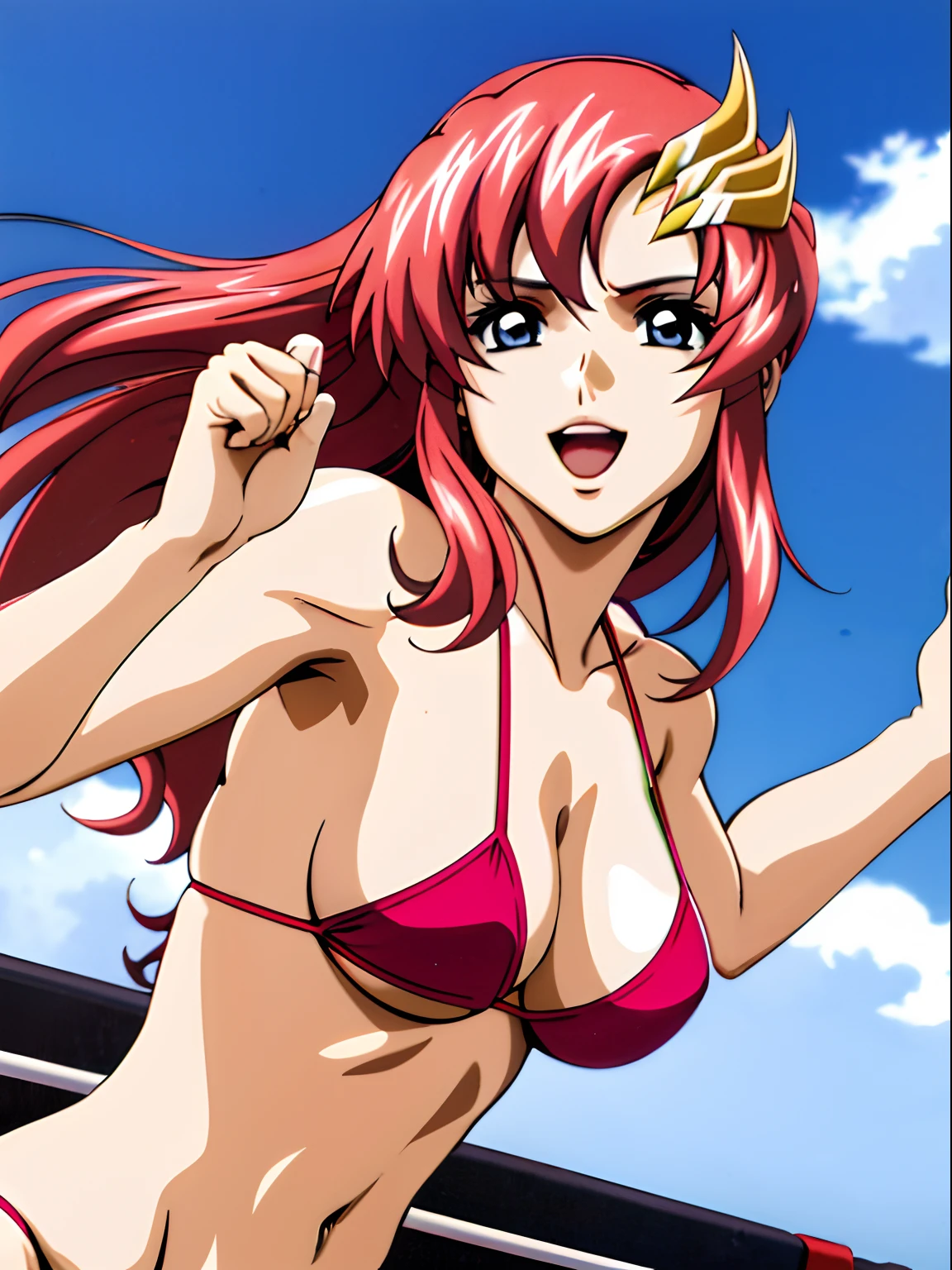 (masterpiece, upper body view, 4K, Best Quality, Anime style: 1.9,, Adult Woman, ultra detailed face, (cloud background, wrestling), Drawing lines, high resolution, Anime, lacus4), 1girl, Solo, curvy figure, Long hair, 鎖骨, scapular, (Detailed wide hair bangs, Hair Ornament, Detailed reddish-pink hair, golden crest), cleavage, large hands, (female wrestler). (Big blue eyes, shiny eyes), ((female wrestler, little biceps, slender body, broad shoulders, closed fists)), ((perfect proportions, medium breasts, long belly)), (((micro bikini, pink wrestling gear, champion))), happy, smile, open mouth, (belly dancing, looking at the viewer), , showing off underarm, (elegant lady), random pose, leaning backward