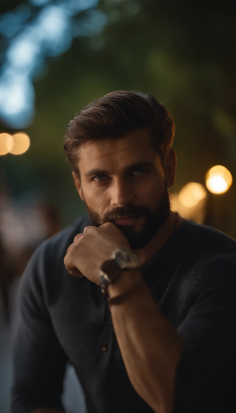 (melhor qualidade,4k,8k,alto,master part:1.2),ultra-detalhado,(Realistic,fotorrealista,photo-realistic:1.37),Homem de 1,85,pele parda, ((barba rala)), magro, always with something technological, fones de ouvido, casaco branco, ((bone azul escuro)), muitos detalhes, postura forte e confiante, Determined expression,vivid colors,foco nítido,pintura detalhista,professional lighting,Estilo Retrato, dramatic lighting,Bokeh