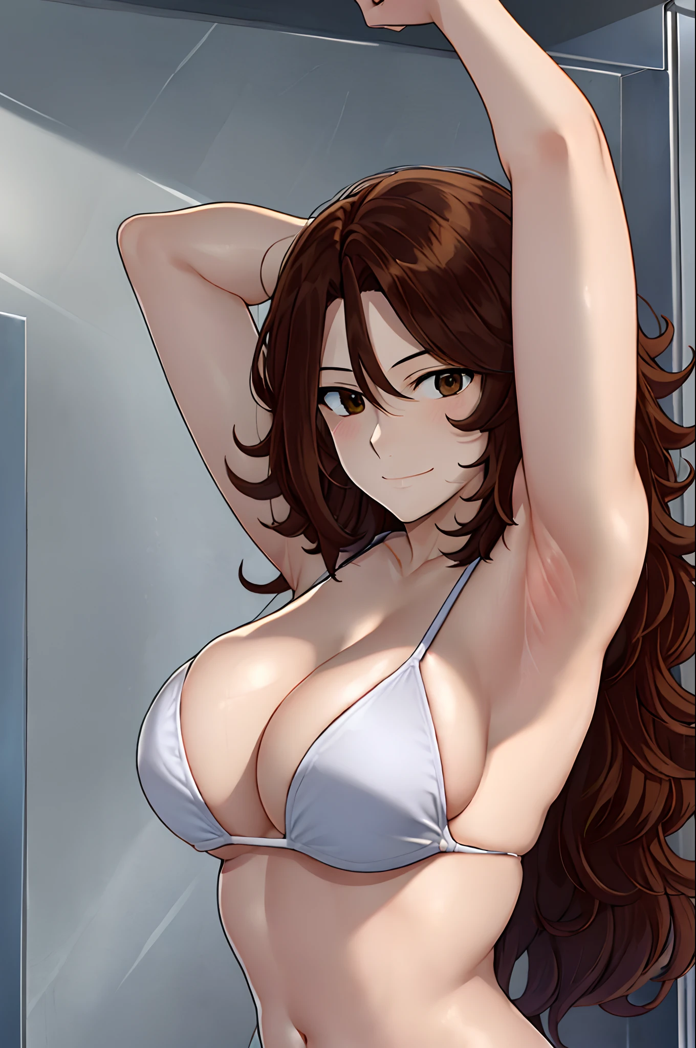armpit shot, detailed face, upper body view, detailed body, 4k, Sumergai Lee Noriega, best quality, anime style, hires, highest definition, digital blending, bold drawing lines, ((), (slender body), mature woman, (female wrestler, white wrestling bikini), cheerful, gorgeous, smile, (closed mouth), (pale skin, shiny skin, lighting and shadow), (cleavage), (clean face), (warming up), closed fists, (brown hair, curly hair, long hair), 27 years old, sexy
