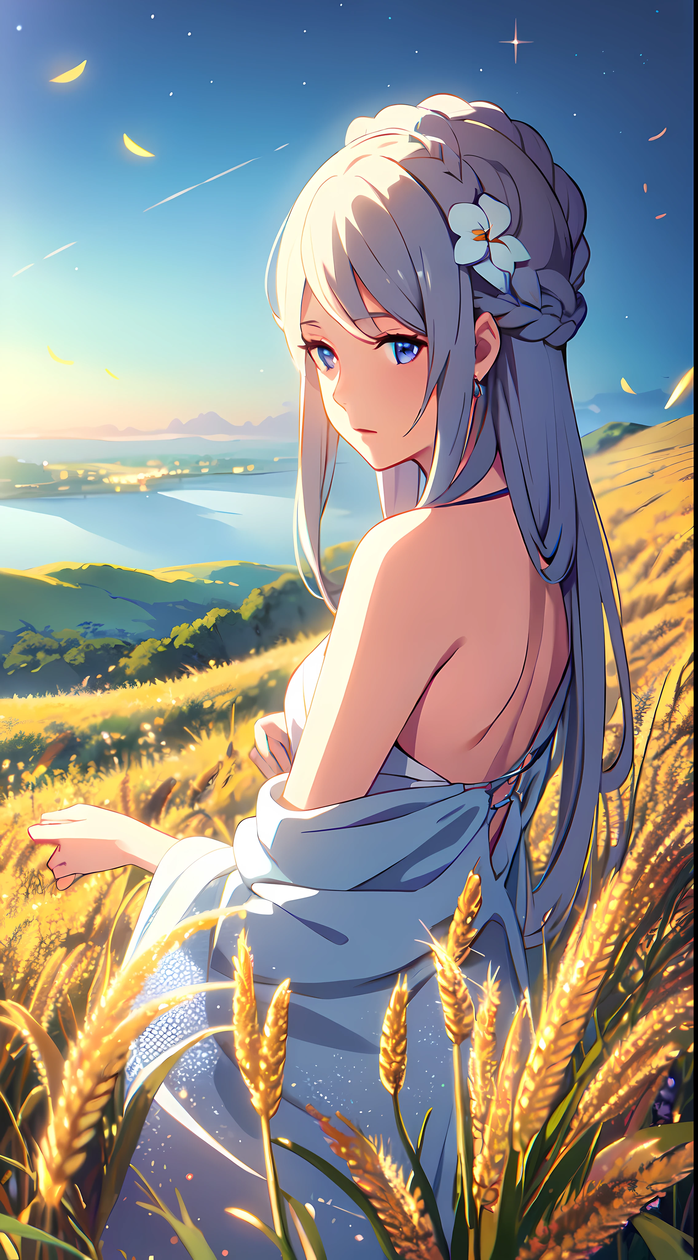 masterpiece, best quality, 1lady, solo, really long hair, white hair, (flowers hair ornament), light blue eyes, necklace, earrings, night, Vast sky, beautiful skyline, fireflies, fantasy, off shoulder blue dress, night scenery, behind view, back view, touching wheat field, close up