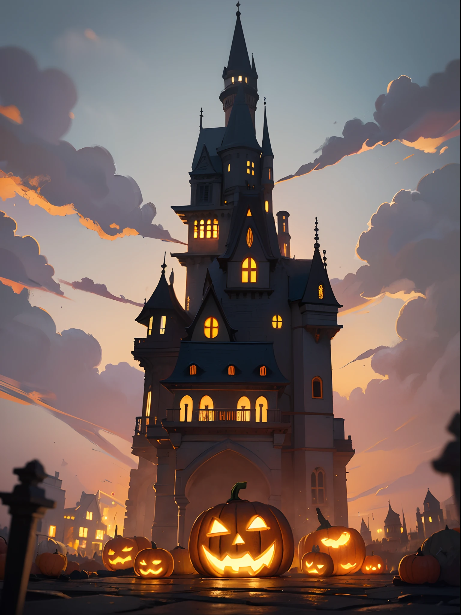 a pumkin which have eyes and mouth, halloween theme, dynamic atmosphere , dramatic scene, halloween photo, illustration style, oil paint style, daviant art, bigh glowing old castle in far background,