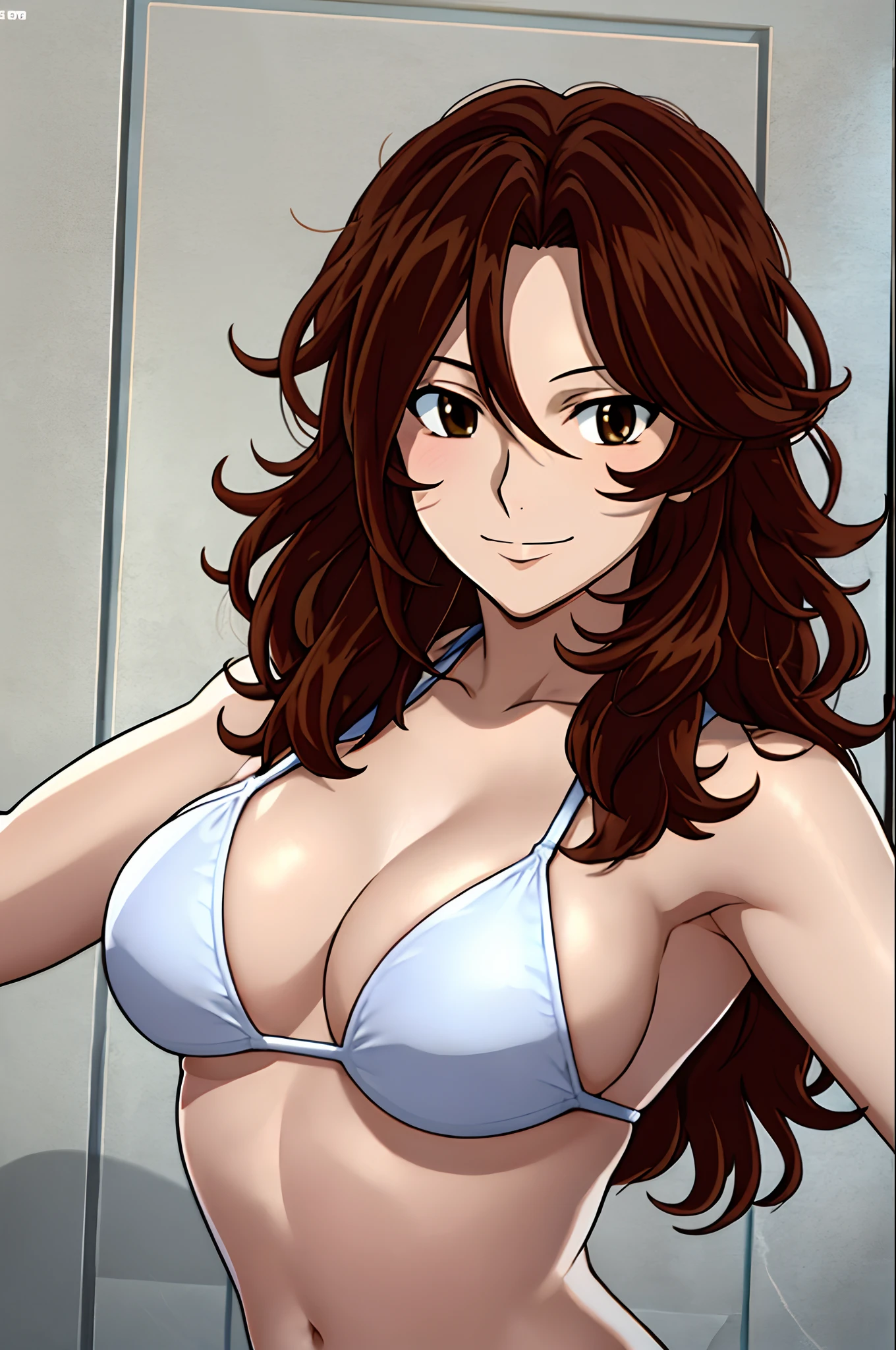 Selfie shot, detailed face, upper body view, detailed body, 4k, Sumergai Lee Noriega, best quality, anime style, hires, highest definition, digital blending, bold drawing lines, ((), (slender body), mature woman, (female wrestler, white wrestling bikini), cheerful, gorgeous, smile, (closed mouth), (pale skin, shiny skin, lighting and shadow), (cleavage), (clean face), (warming up), closed fists, (brown hair, curly hair, long hair), 27 years old, sexy