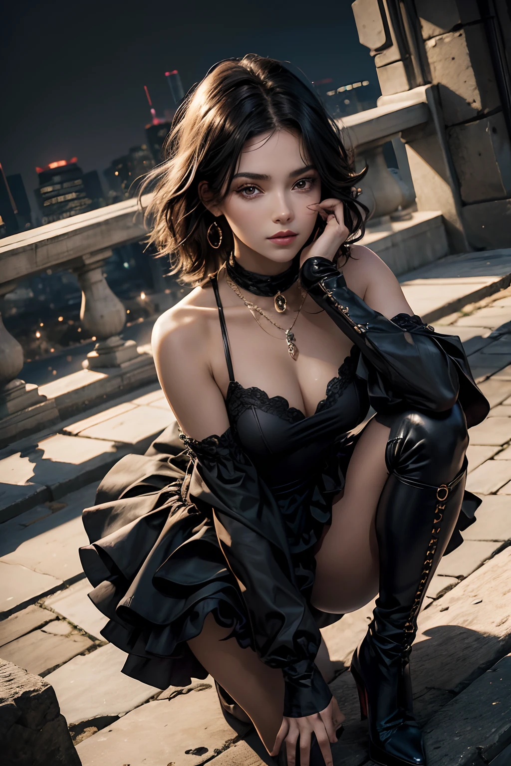 Yor Briar de spy x familia , cuerpo completo, cuerpo entero), realista, hermoso rostro, una hermosa mujer, Hermosos ojos, cabello negro, Perfect Anatomia, Muy lindo, (ojos negros), Imagen centrada, cuerpo completo, medias con liga, estilizado, bioluminiscencia, 8K resolution, manos humanas, llena de asombro, elegante, nearing perfection, dynamics, muy detallada, hoja de personaje, Look directly at the viewer positioned so that his body is symmetrical and balanced, Stunningly beautiful teenager, Peinado detallado, wearing a black dress of elegant tight fabric that reaches before the knees and that behind is has long ruffles that reach before the ankles as a kind of cape. Under the black fabric is present a print of red roses. The dress exposes her shoulders and part of her necklace which is adorned with square-shaped black cloth links.. She also wears a pair of black stiletto heeled boots fitted a little above the knees and wears small black fingerless gloves.. Estas botas poseen un estampado de cuadros al inicio. Usa una cinta para el cabello, esta es dorada, tiene una rosa y dos picos a cada lado, porta una daga estrecha , larga y afilada en cada mano