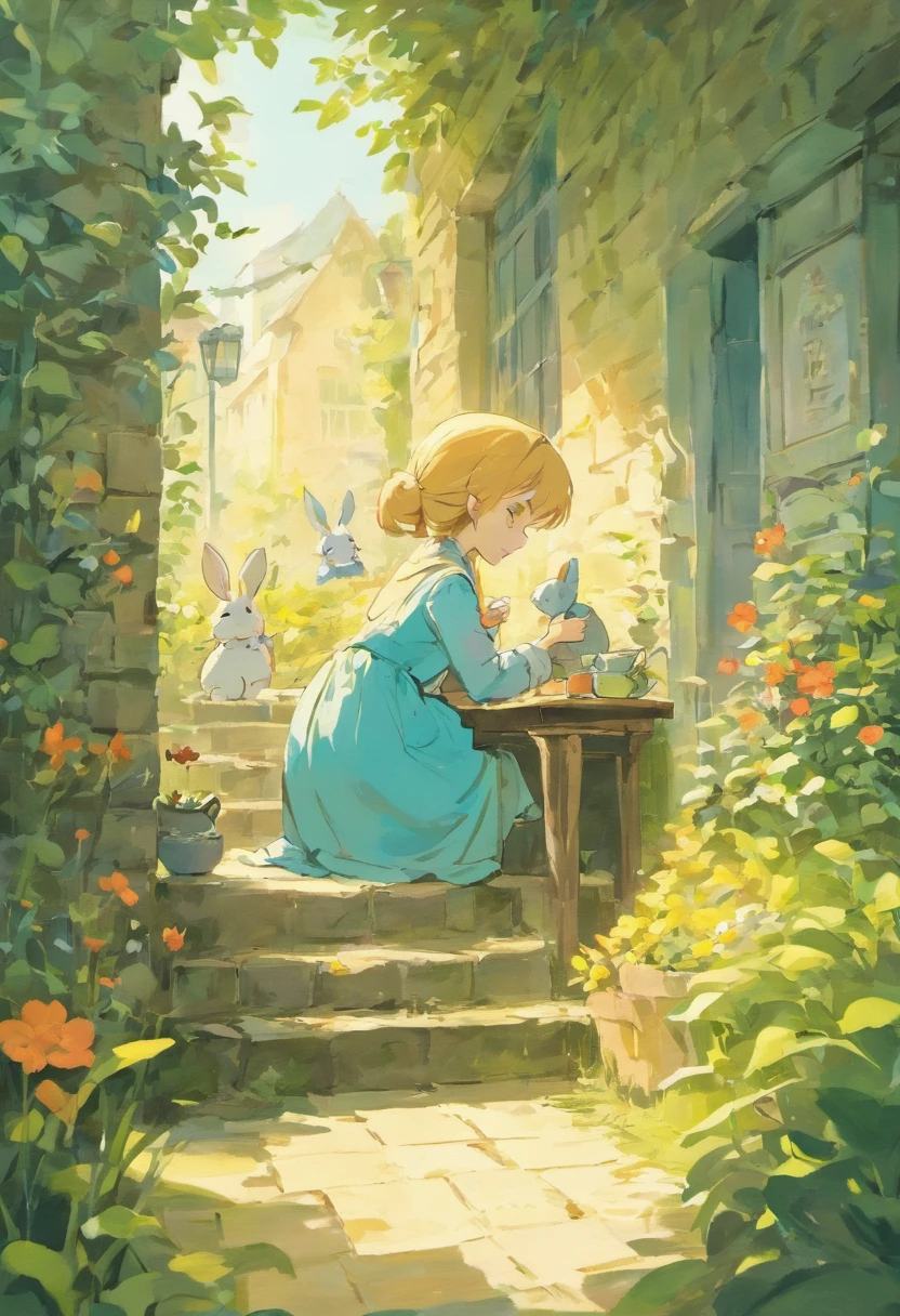 Illustration of a picture book in the style of Beatrix Potter, Shows a girl and a rabbit drinking tea in the garden. The illustrations are attractive and exquisite, Soft colors and details.