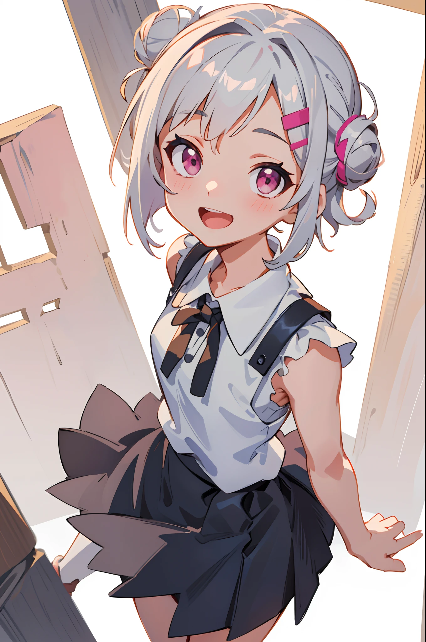 masterpiece, top-quality, Short hairstyle with silver hair and bob, Hair tied in a bun with a hair clip, Pink eyes, sleeveless shirts, a black skirt, The upper part of the body, From above, Look at viewers, A smile, open open mouth, Rustic village