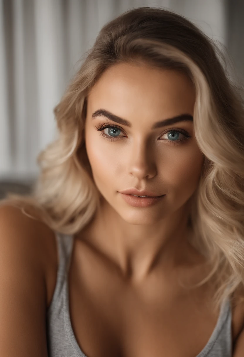 Woman in tank top and matching panties, fille sexy aux yeux bleus, portrait de Sophie Mudd, Portrait de Korina Cope, cheveux blonds et grands yeux, selfie of a young woman, Son maquillage, maquillage naturel, Look directly into the camera, Visages avec artgrammes, Maquillage subtil, Superbes photos du corps entier, Dans la chambre, gros seins pleins, une blonde, Latin, gymnase, Beach background