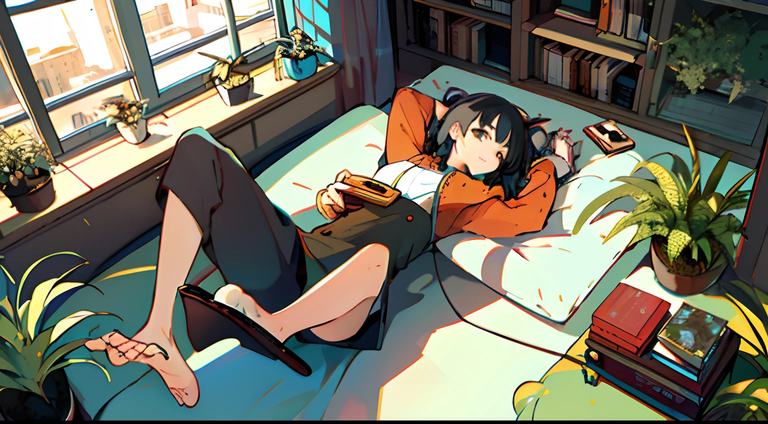 One girl, from above, plant, black hair, cat, lying down, indoors, holding, long sleeve, long hair, stuffed animal, potted plant, book, food, window, telephone, loaded interior, television, short hair, on the back, plush toy, bangs, slippers, barefoot, sitting, bookcase, shelf, cable, computer