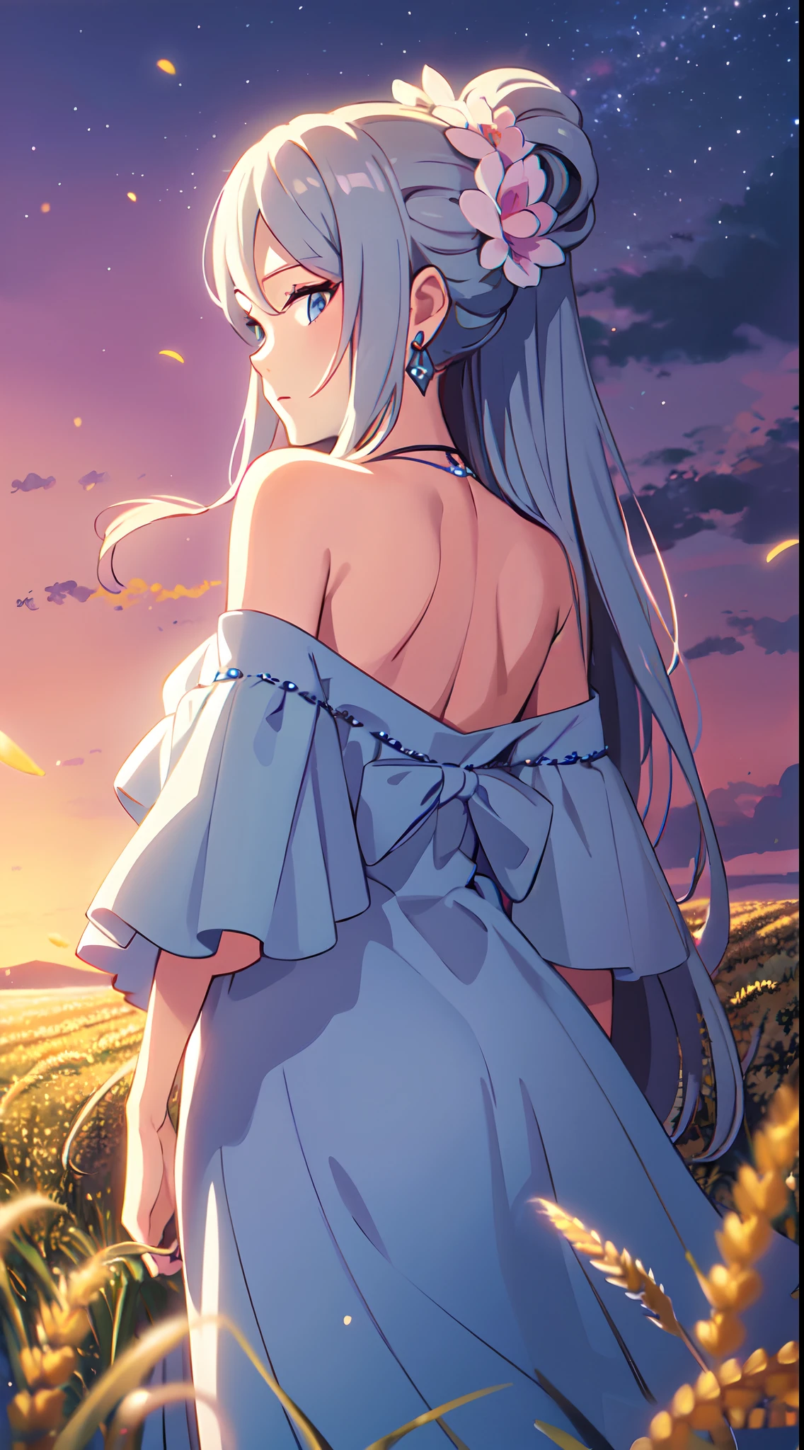 masterpiece, best quality, 1lady, solo, really long hair, white hair, (flowers hair ornament), light blue eyes, necklace, earrings, night, Vast sky, beautiful skyline, fireflies, fantasy, off shoulder blue dress, night scenery, behind view, back view, touching wheat field, close up