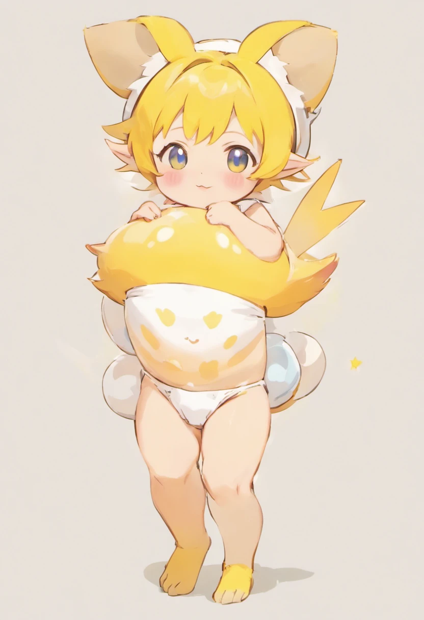 Yellow Elf,adolable,Wear diapers,The white diaper has a kitten pattern on it
