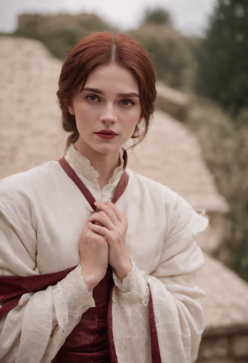 (((a deep reddish wound crosses her left cheek))) a realistic young man in age of 19, with brown ayes and hair, short hair, portrait, with a back and white suite, beautiful, candlelight in a medieval setting, ultra sharp focus, realistic shot, medieval female clothes, tetradic colors (scar:1.4)