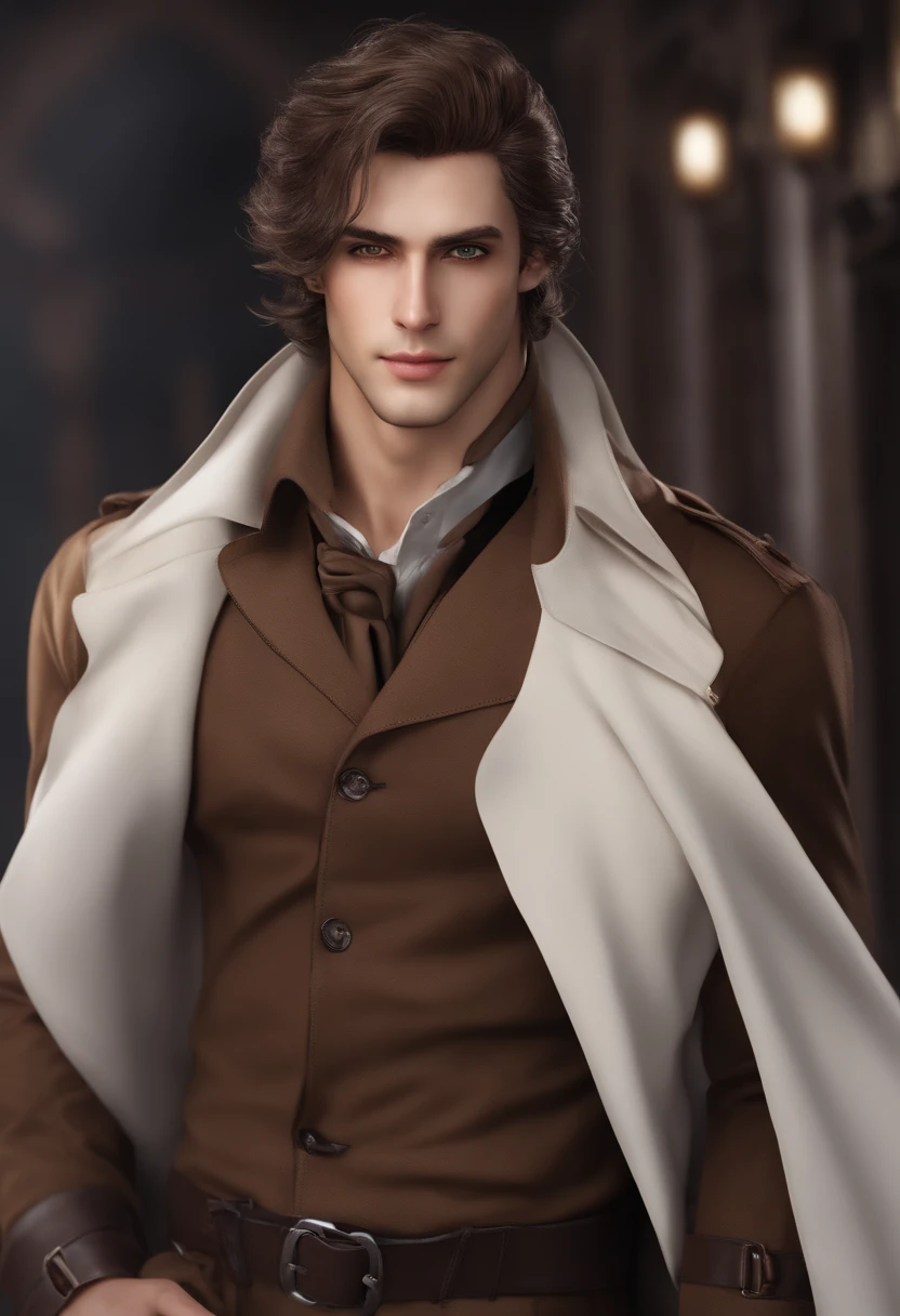 man, Crazy batch,medium hair, longeyelashes, heterochromia , grin, dark_persona, brown eyes, ringed eyes, brown cardigan , collared shirt , bandaged leg, boots, brown hair, white streaked hair, Brown trench coat,black long pants