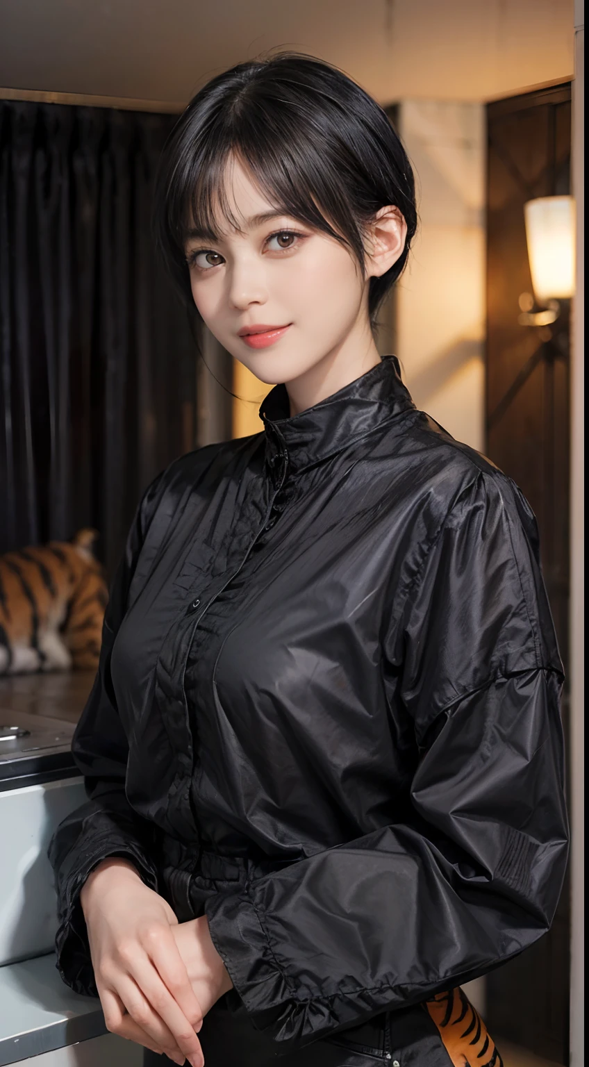 03
(Black Shorthair:1.3), (a 20 yo woman), (A hyper-realistic), (masutepiece), (8KUHD), Looking at the camera, Beautiful woman, A smile, (Tiger Design Clothing)