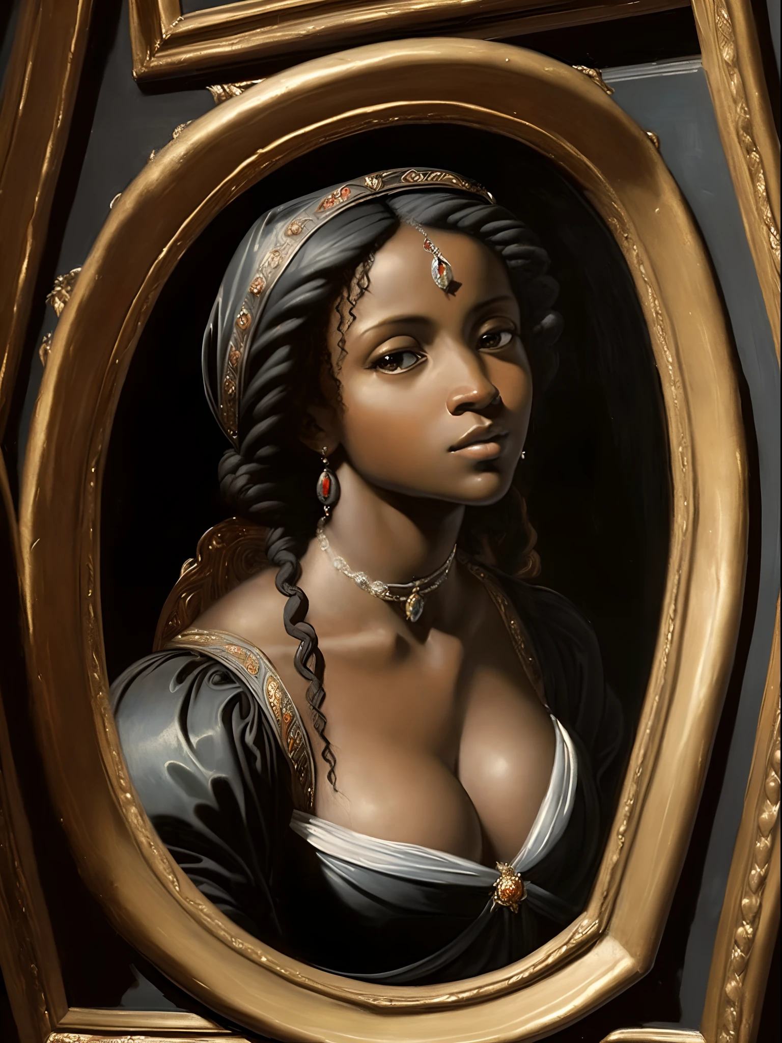 (Renaissance oil painting of a beautiful black woman:1.3), best quality, masterpiece, expressive, thrilling, 256k, epic, crepuscular lights, (by Michelangelo, by Rafael, by Rubens:1.2), chiaroscuro, best quality, masterpiece, (best hands)