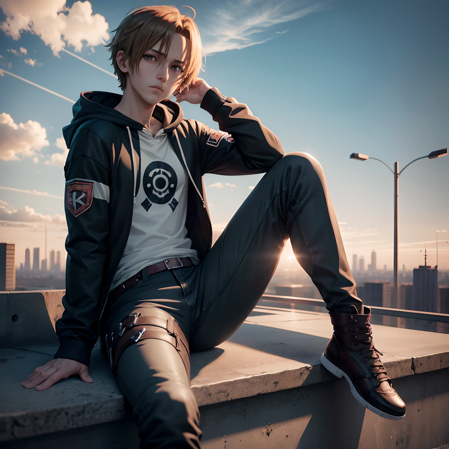 Leon kennedy Anime sitting on a ledge see in sky wearing  hoodie feel sad missing dead people Art Wallpaper 8K, Anime Art Wallpaper 4K, Anime Art Wallpaper 4K, anime style 4K, Anime wallpaper 4k, Anime wallpapers 4k, Anime Wallpaper 4k, Wallpaper manga 4K wallpaper