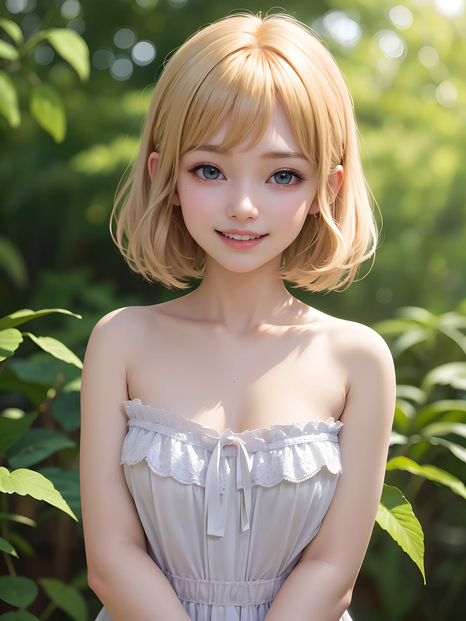 (masuter piece、Best Quality、masutepiece、Cute symmetrical face、Norse man、Beautiful blonde hair with bangs、Very small cute girl:1.6、One Very Young Girl、Very young pretty girl、Very young pretty girl、Very small cute girl、Deities々Shii Girl、Very young face、Symmetrical and very cute face、Show off your décolleté)、Beautiful shiny beautiful blonde hair with bangs、Very Shorthair:1.2、Intense crystal light blue eyes、no earrings:1.5、Beautiful white skin、a five  girl:1.4、Very young pretty girl:1.5、Deities々Little pretty girl、Cute white outfit、Very cute girl、happily laughing、Smile happily、The best smile、Beautiful teeth、Beautiful teeth alignment、Beautiful skins、Staring into the distance on the left、Forest with light on beautiful nature background、Deities々Deep forest background、cowboy  shot