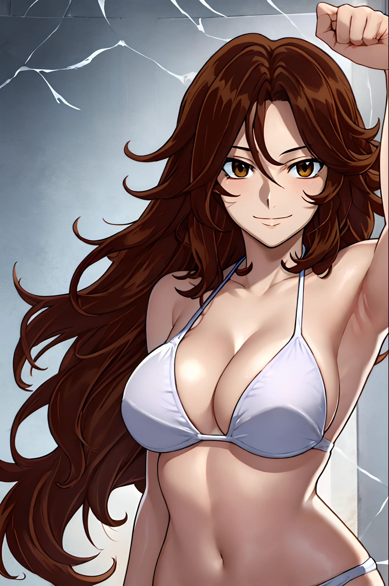 armpit shot, detailed face, upper body view, detailed body, 4k, Sumergai Lee Noriega, best quality, anime style, hires, highest definition, digital blending, bold drawing lines, ((), (slender body), mature woman, (female wrestler, white wrestling bikini), cheerful, gorgeous, smile, (closed mouth), (pale skin, shiny skin, lighting and shadow), (cleavage), (clean face), (warming up), closed fists, (brown hair, curly hair, long hair), 27 years old, sexy