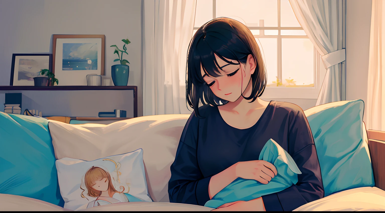 (Best Masterpiece), (Best Quality), (Super Detailed), (Well-groomed Hair), (Illustration), (1 Girl), (Interview), (Detailed Background), Beautiful Detailed Eyes, Delicate Beautiful Face, (High Saturation), Focus on Face, Black Hair, Bangs, Impressive, Short Hair, Girl, Maiden in Love, pixiv Illustration, Best Quality, Super Detailed, Shameful, Beautiful Face, 4K, Neat, Best Quality, Beautiful Eyes, Mauscule, Young, Moist eyes, blushing cheeks, sober, shame, 8K, profile, sofa, sleep, beautiful sleeping face, bedtime, pajamas, night, comfortable sleeping face, late night, sleeping with dog, pitch black room, midnight, dark room, dark room,
