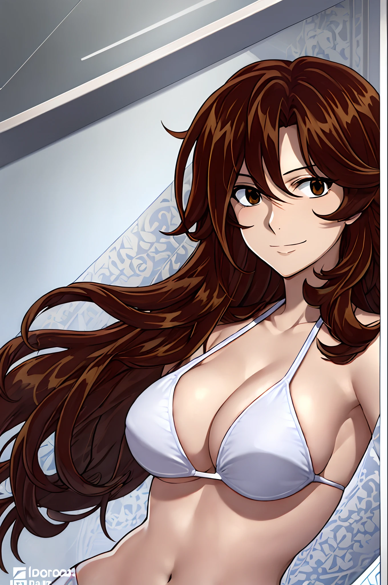armpit shot, detailed face, upper body view, detailed body, 4k, Sumergai Lee Noriega, best quality, anime style, hires, highest definition, digital blending, bold drawing lines, ((), (slender body), mature woman, (female wrestler, white wrestling bikini), cheerful, gorgeous, smile, (closed mouth), (pale skin, shiny skin, lighting and shadow), (cleavage), (clean face), (warming up), closed fists, (brown hair, curly hair, long hair), 27 years old, sexy
