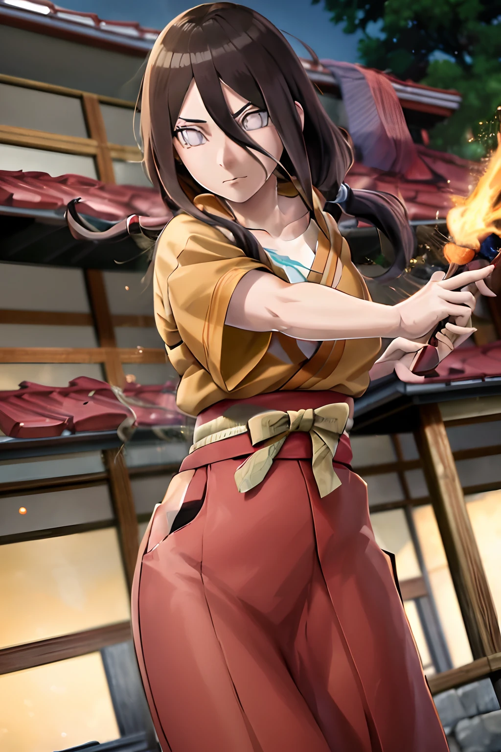 masterpiece, absurdres , (intricate details), (colorful),cinematic lighting,bust shot,extremely detailed CG unity 8k wallpaper ,hyuuga hanabi, 1girl, solo, orange kimono, red hakama skirt, obi, wide sleeves, looking at viewer, closed mouth, wind,fighting stance, low tied long hair,