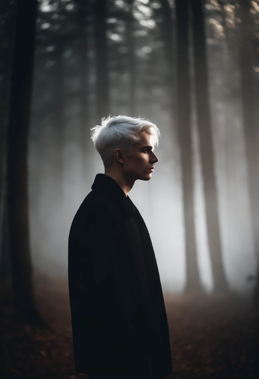 Young man, 20 years old, white hair, two block haircut , shirtless wearing a black fur coat, standing in the forest at night, magical light, surrounded by fog