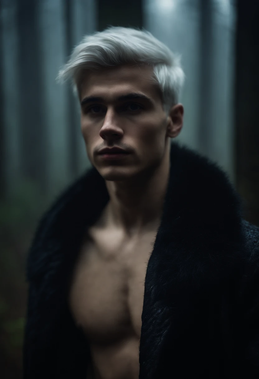 Young man, 20 years old, white hair, two block haircut , shirtless wearing a black fur coat, standing in the forest at night, magical light, surrounded by fog