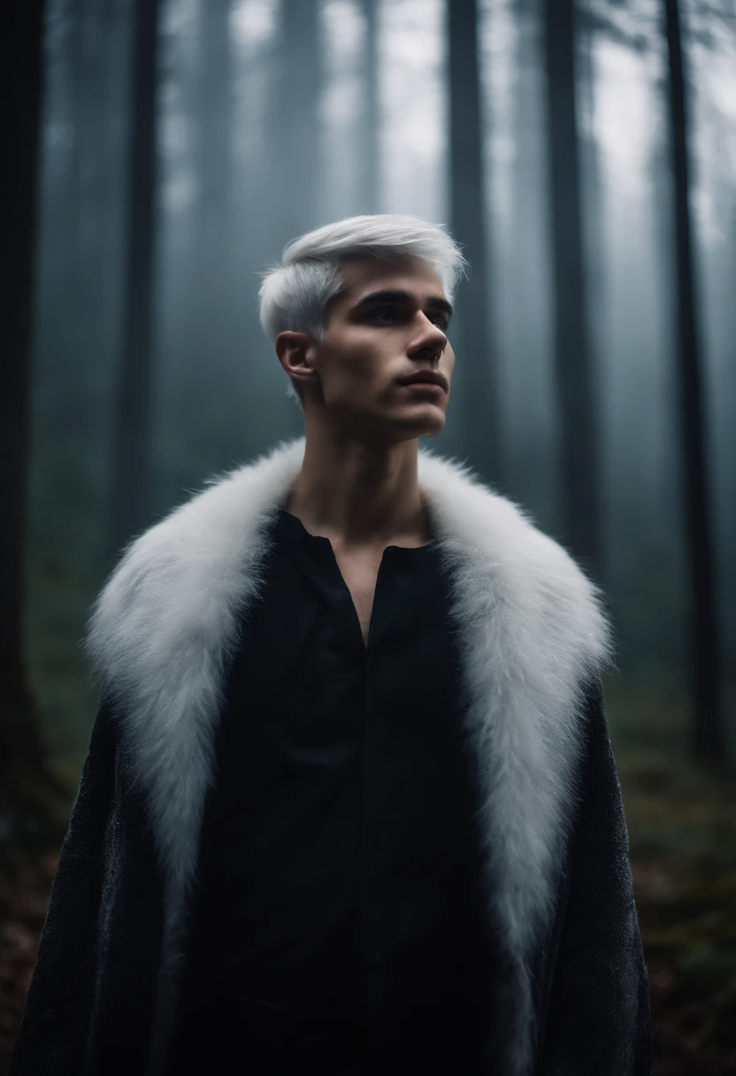 Young man, 20 years old, white hair, two block haircut , shirtless wearing a black fur coat, standing in the forest at night, magical light, surrounded by fog