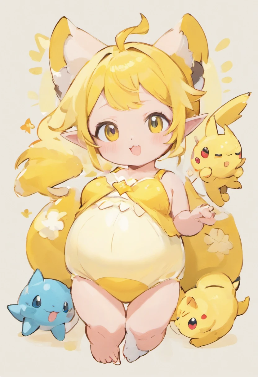 Yellow Elf，All beasts，adolable，Wear diapers，The white diaper has a kitten pattern on it