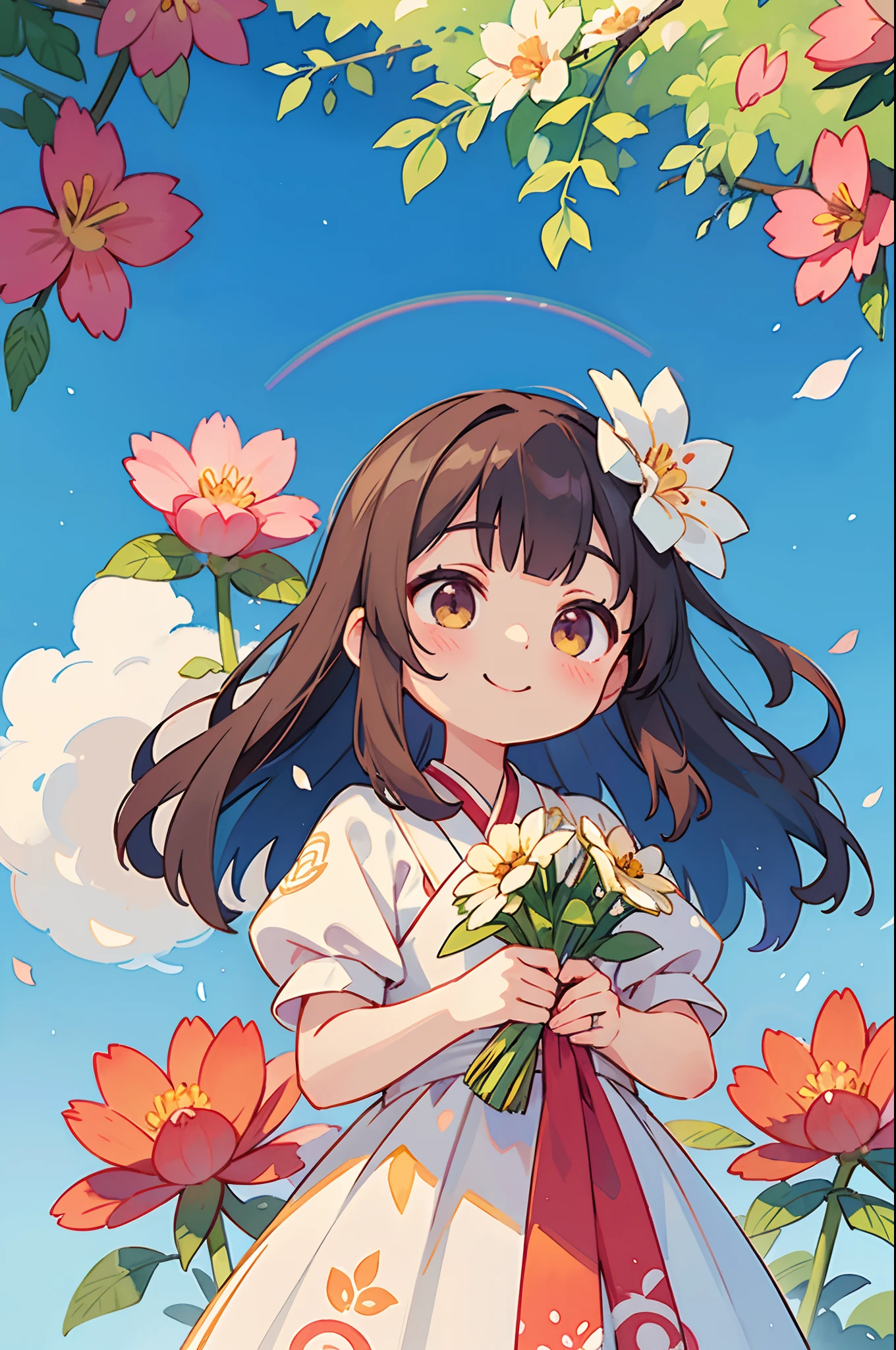 photoRealstic、Nedloyd in a wedding dress stands in front of the painting、A smile、Watercolor Nidoro likes、(HD graphics)、Flowing rainbow silk、Upper face、head looking up、Colorcon with heart motif、Floral dress、Viburnum also has flowers in front、Flower petals、season!!: 夏天☀ 🍂