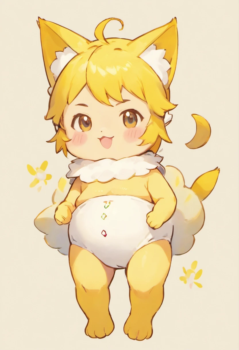 Yellow elf，Kira prays，adolable，Lying in bed，Wear white diapers，The diaper has a kitten pattern