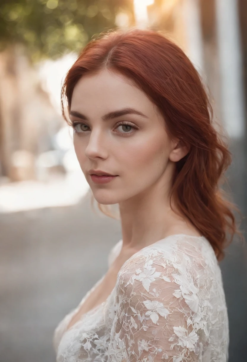 1girl, olho de estrela, corar, perfect  lighting, red hair, olhos vermelhos, Motor irreal, side-lighting, Rosto detalhado, franja, pele brilhante, fundo simples, fundo escuro, usando camisa branca, camisa molhada, branco transparente