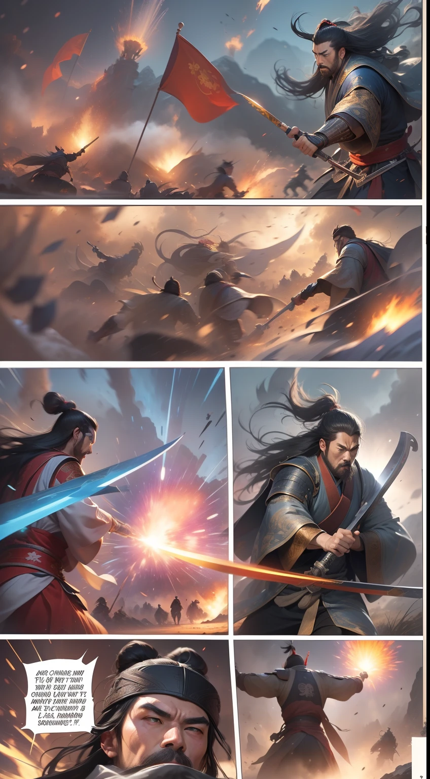 [illustratio，Story split-shots]comic page，There are multiple screens on one page: Chinese male warriors of the Qin Dynasty, A cold face，Symmetrical body, Broken robes，Armed with a bloody blue-edged sword，standing in the wind（Side half close-up）。The battle flag is skewed，Fireworks are everywhere，Enemies in the distance are rushing towards him，breathtaking moment（bblurry，Faraway view）。[Multi-lens burst shooting]:Ultra-wide angle, Cinema lenses,Motion capture, Chiaroscuro, Depth of field 1.8，The protagonist is focused，Cinema lenses，Zao Wou-Ki style  (Adult speech bubbles, Chinese text, Explosive stickers used in comics)