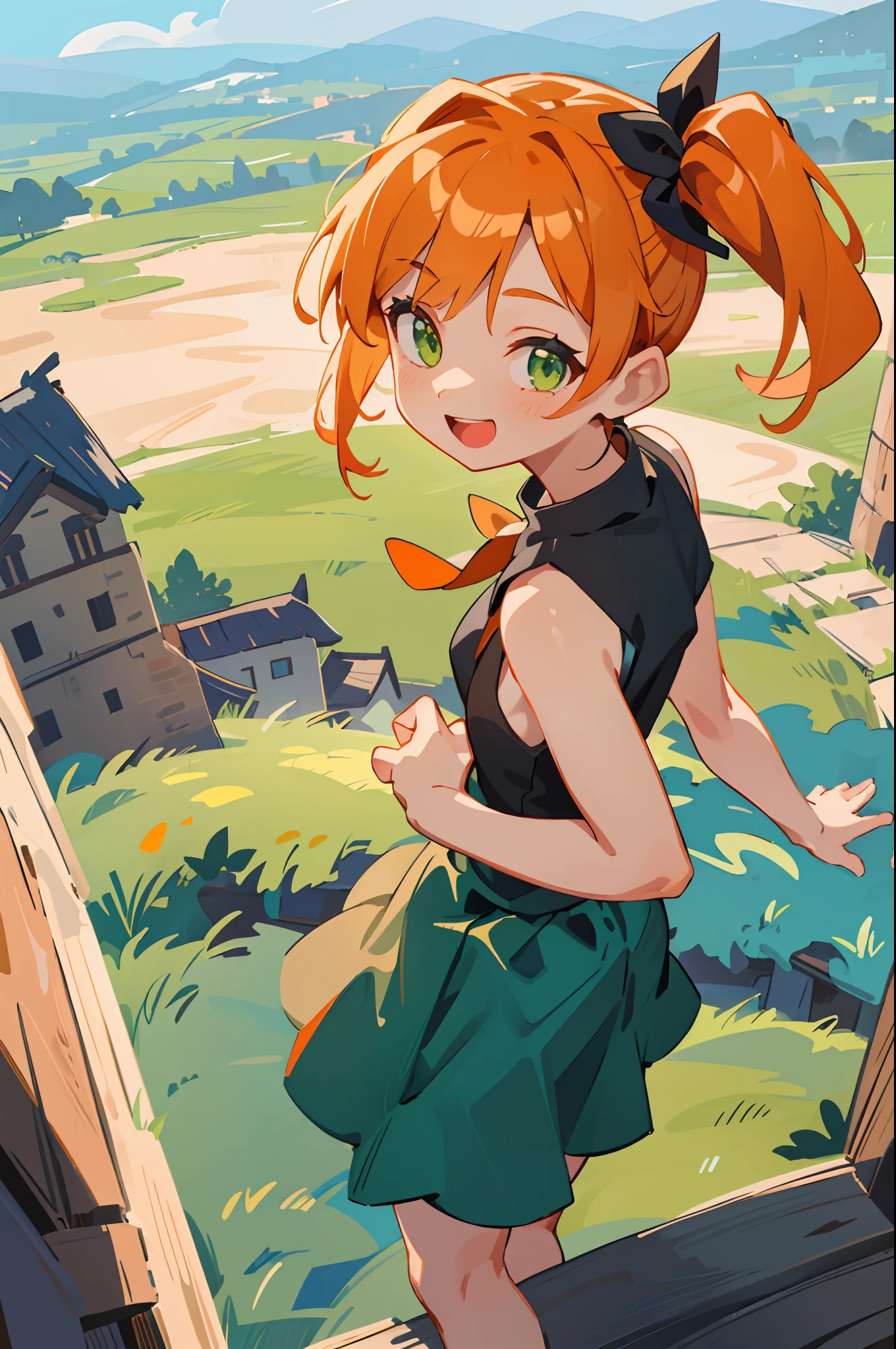 masterpiece, top-quality, Orange hair,Glowing green eyes,Side Ponytail, sleeveless shirts, a black skirt, The upper part of the body, From above, Look at viewers, A smile, open open mouth, Rustic village