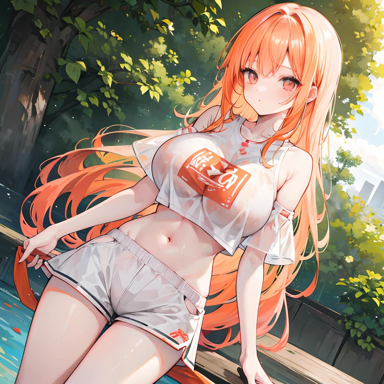 Long pale orange hair scattered，dual horsetail，Pink eyes，Loving pupils，Girl，huge tit，White sports shorts，White off-the-shoulder short sleeves，The clothes were soaked with sweat，Breast sex