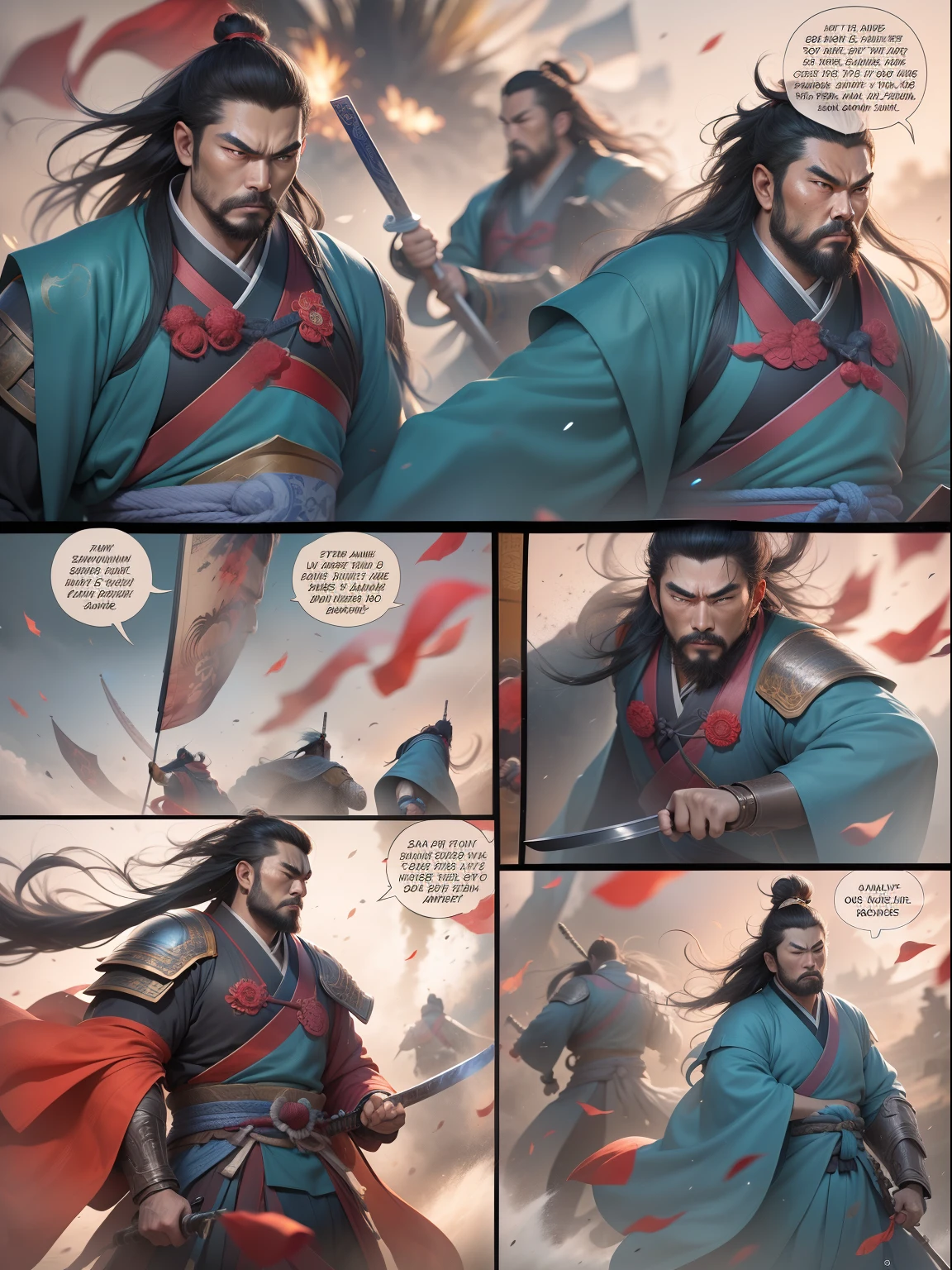 [illustratio，Story split-shots]comic page，There are multiple screens on one page: Chinese male warriors of the Qin Dynasty, A cold face，Symmetrical body, Broken robes，Armed with a bloody blue-edged sword，standing in the wind（Side half close-up）。The battle flag is skewed，Fireworks are everywhere，Enemies in the distance are rushing towards him，breathtaking moment（bblurry，Faraway view）。[Multi-lens burst shooting]:Ultra-wide angle, Cinema lenses,Motion capture, Chiaroscuro, Depth of field 1.8，The protagonist is focused，Cinema lenses，Zao Wou-Ki style